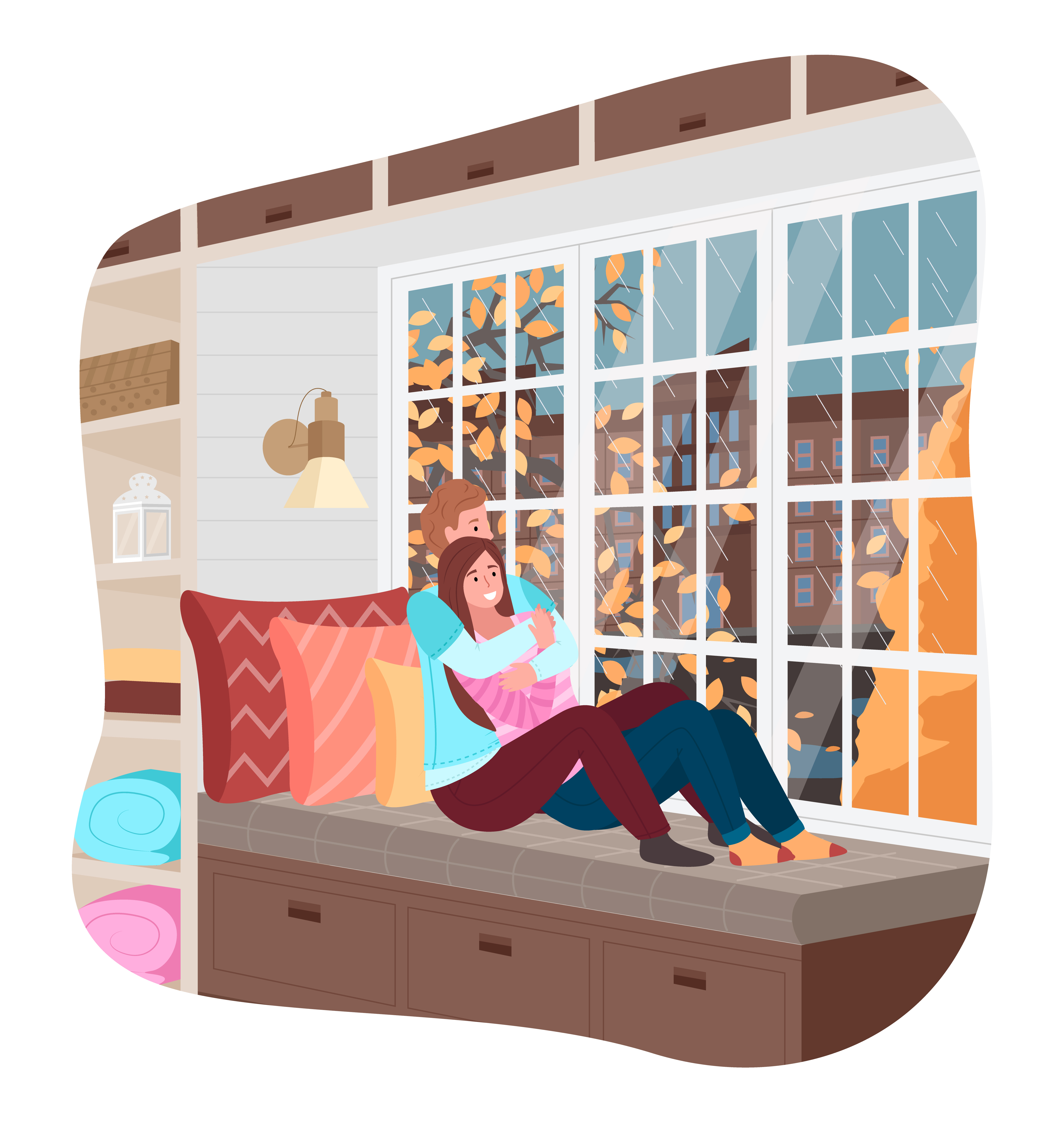 Boyfriend and girlfriend looking at autumn rainy cityscape. Hugging couple sitting on windowsill at home. Man and woman cuddling, enjoying raining weather. Romantic characters vector in flat. Couple Look at Autumn City Sitting on Windowsill