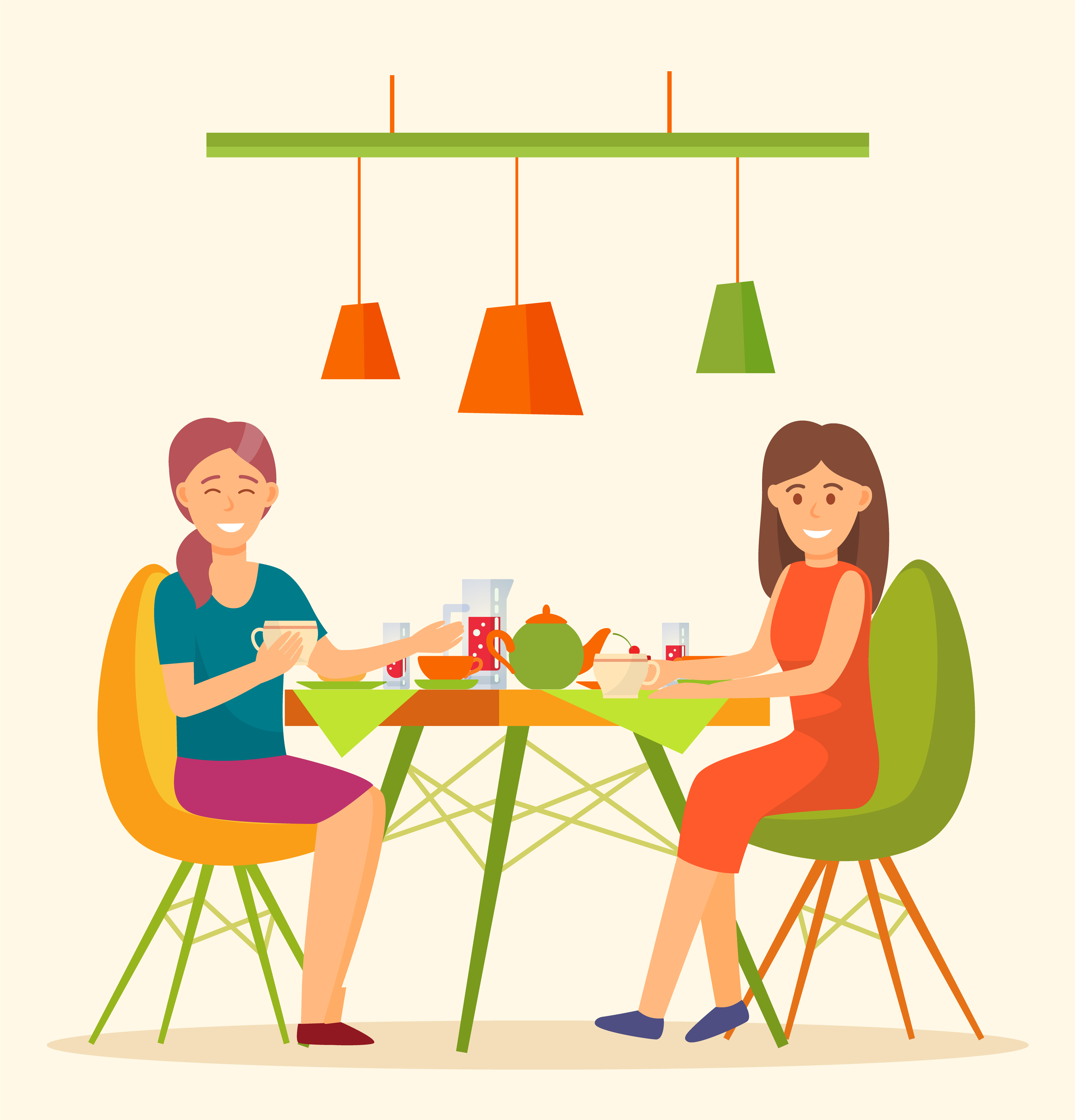 Female friends eating in restaurant together. Women having meals discussing events. People on holidays, meeting of characters. Modern cafe interior design with clients and customers vector in flat. Friends in Restaurant of Cafe Eating Out Vector