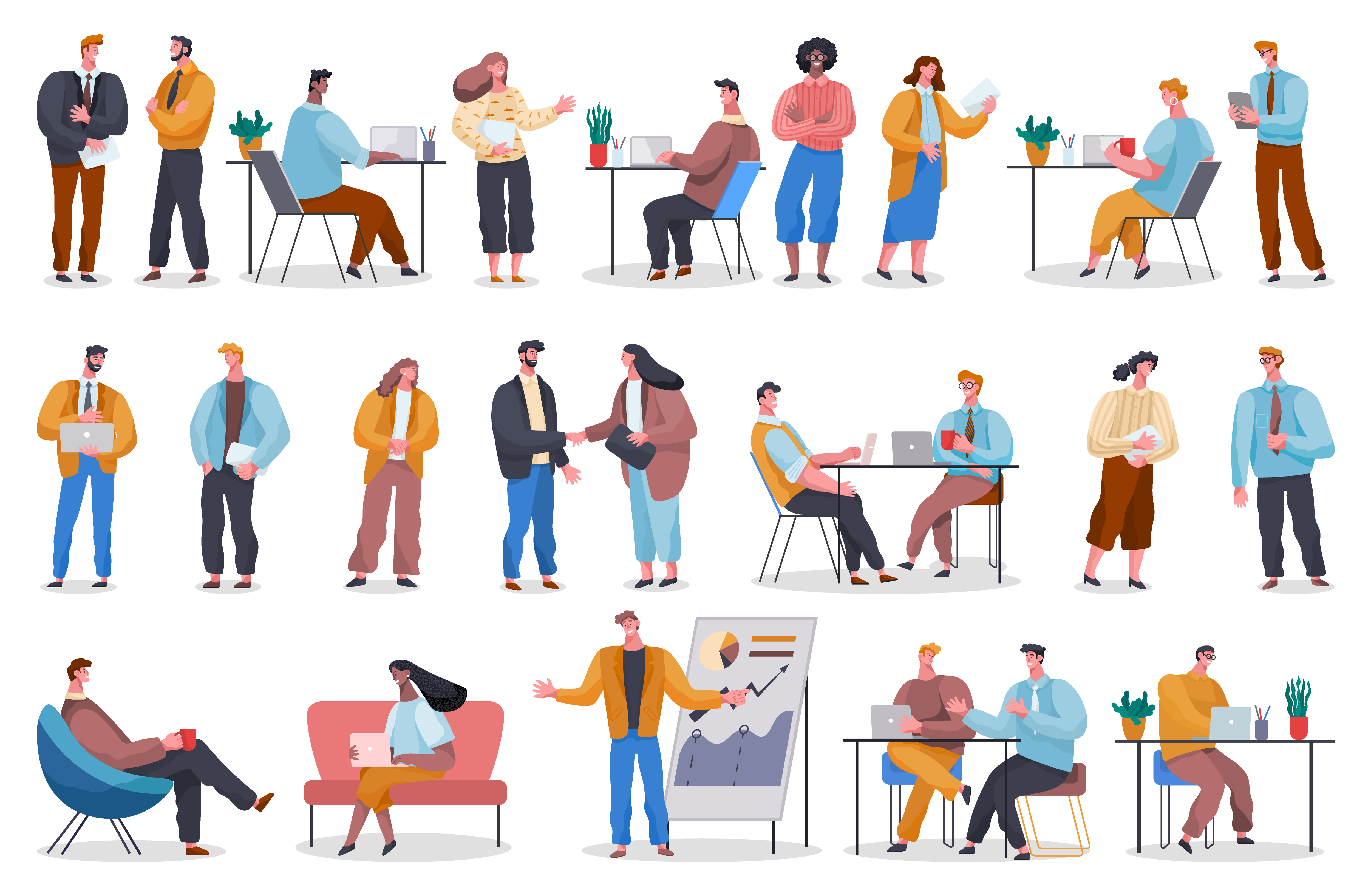 Collection of working people. Freelancers at home and office workers with laptops. Teams and colleagues characters discussing projects. Partners and coworkers talking at work. Vector people in office. Office Workers, Employees and Directors Set Vector