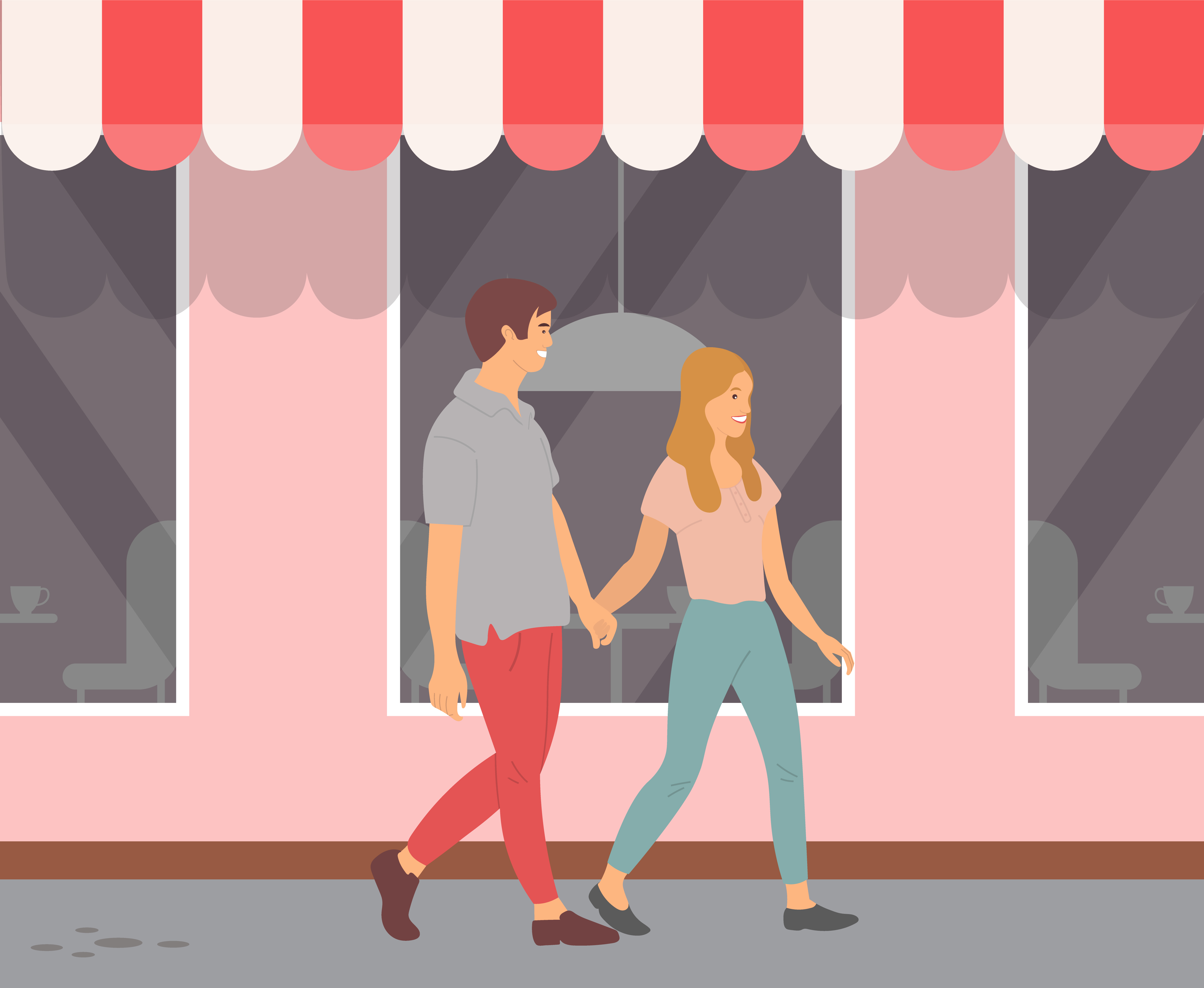 People walking in city vector, man and woman urban style couple walking along street of busy town passing windows of cafe with broad windows and tent. Couple Holding Hands, Man and Woman in City Street