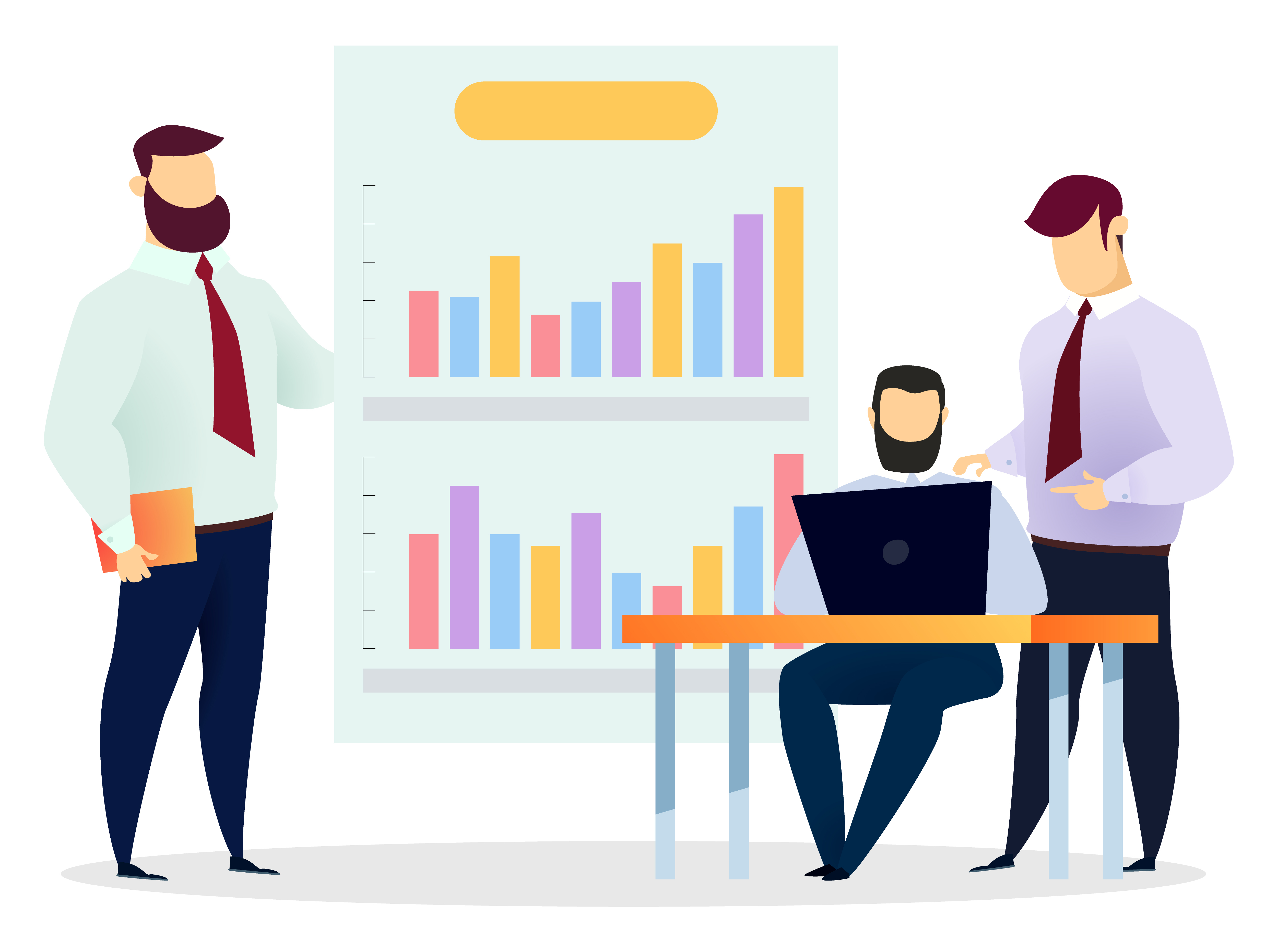 Business planning and strategy making, isolated characters wearing formal clothes comparing data on laptop and whiteboard. Information analysis or programming of software, vector in flat style. People on Meeting Setting Goals and Tasks Vector