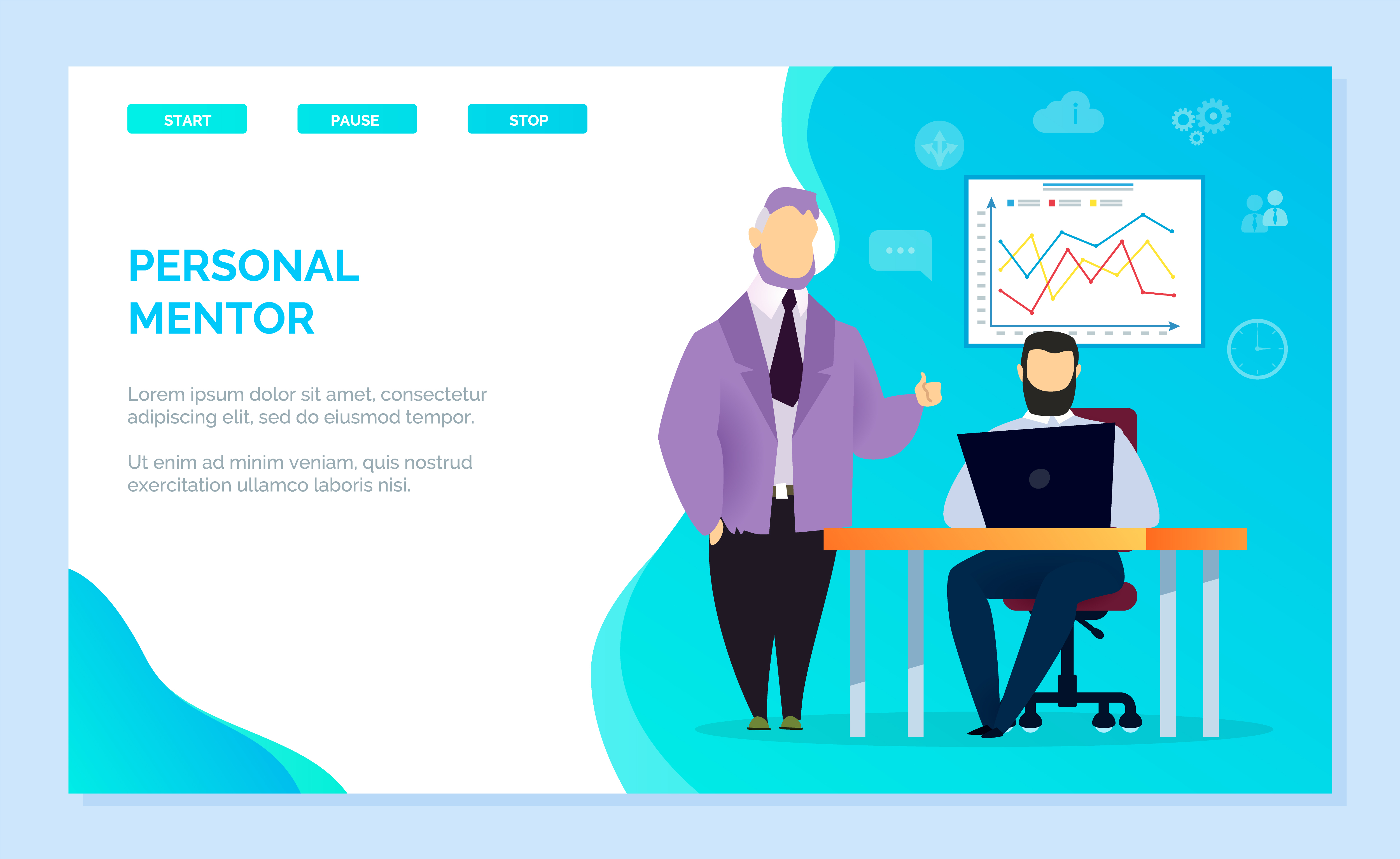 Personal mentor for man working on laptop. Male learning new material consulting with coach or tutor. Personage improving working skills on courses. Website or webpage template, landing page vector. Personal Mentor or Business Coach for Student