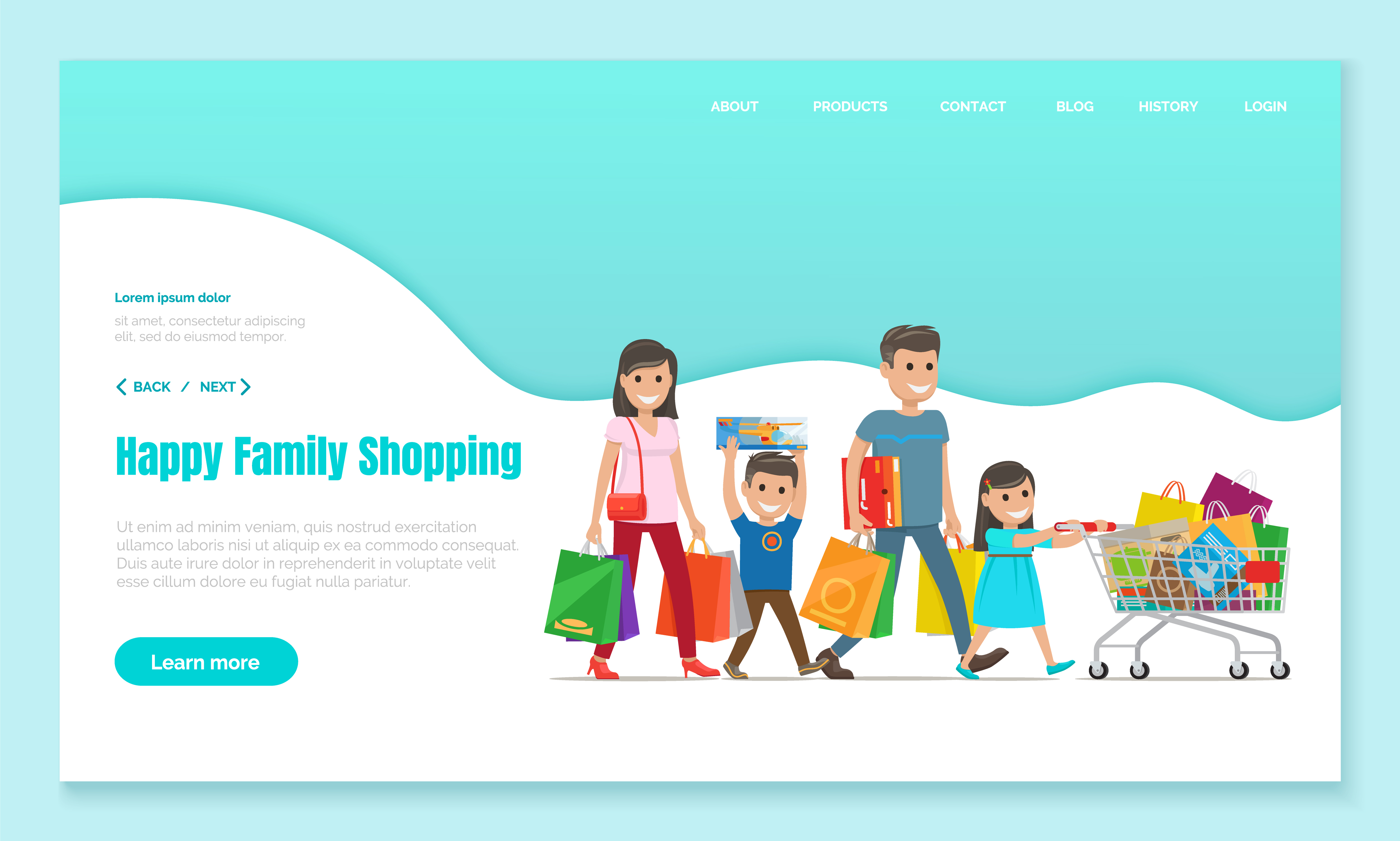 Family shopping, mother and father with bags, son carries box and daughter pushes cart or trolley, landing web page vector. Purchases and gifts, holiday sale. Parents and children in mall illustration. Shopping Landing Web Page, Family with Shop Bags