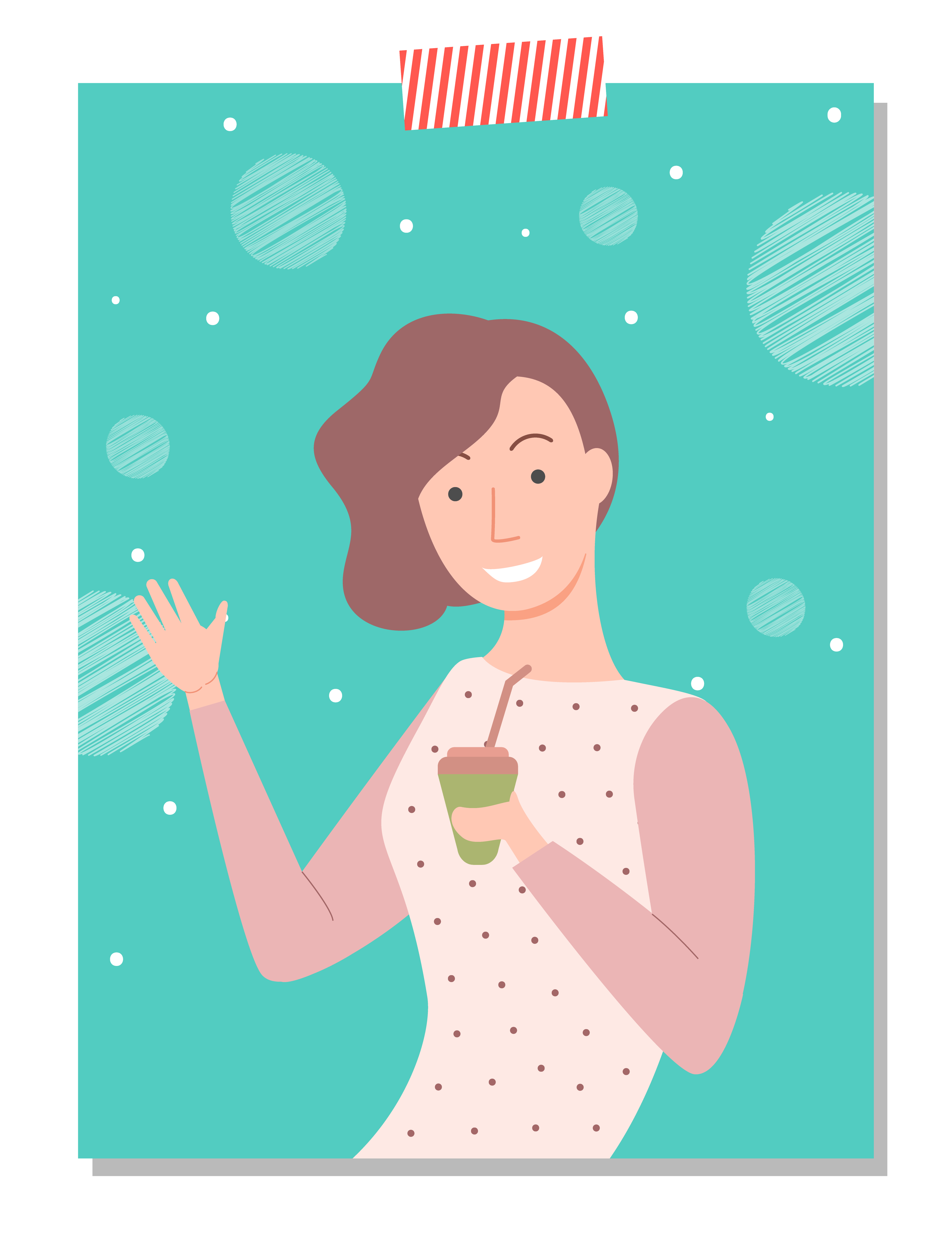 Female character vector, woman hipster style lady drinking beverage poured in plastic cup. Personage with mug coffee or tea enjoying on bokeh background. Woman Drinking Coffee from Plastic Cup Vector