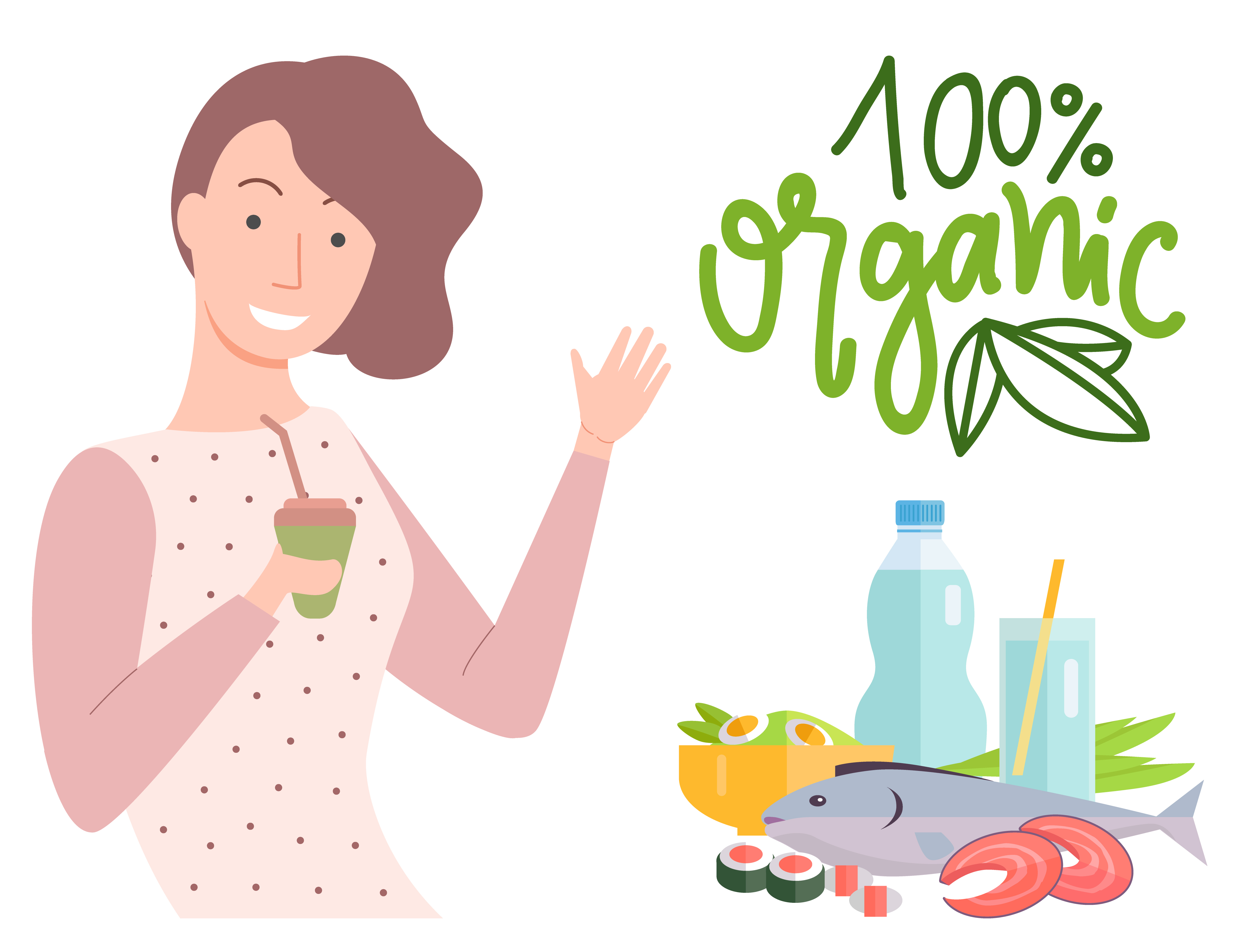 100 one hundred percent organic food. Smiling girl with juice and straw. Natural products fish and sushi. Glass of water and bottle with liquid vector. 100 One Hundred Percent Organic, Girl with Juice