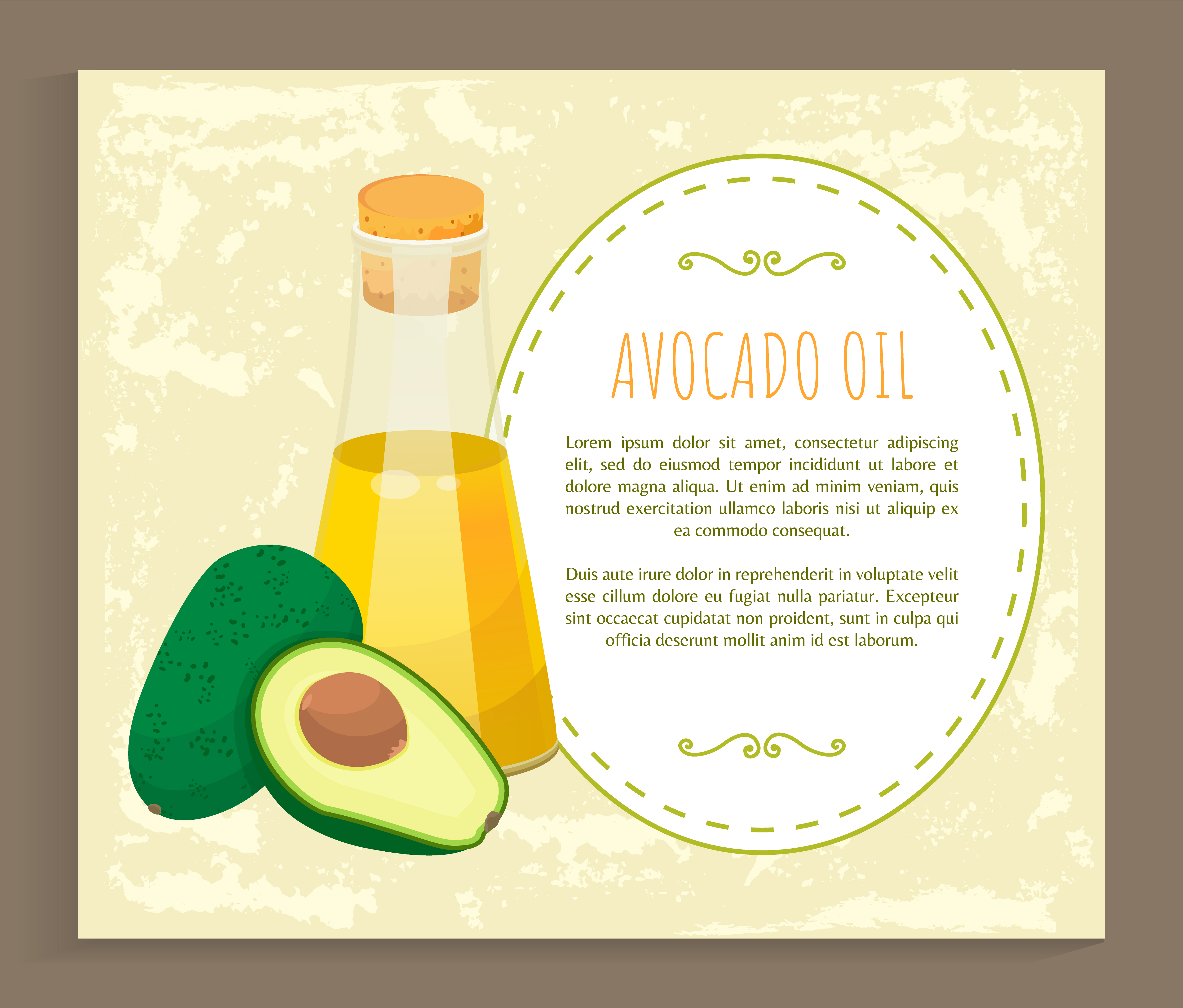 Avocado oil postcard with recipe template icon. Glass bottle of vitamin liquid and half of fresh green food. Card with text hair treatment and natural cosmetic symbol isolated on white vector. Poster Recipe Avocado and Bottle of Oil Vector