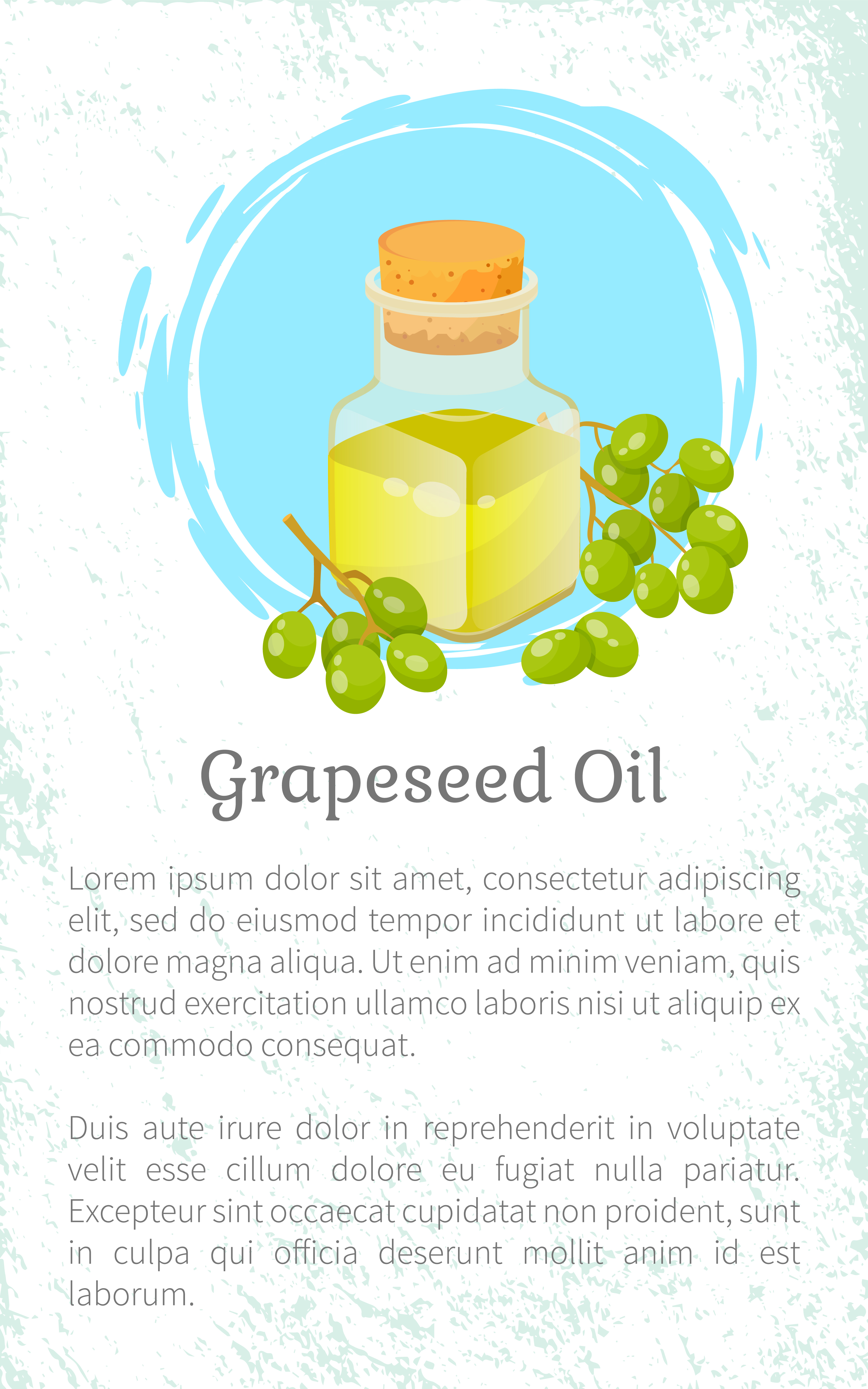 Grapeseed oil in glass bottle and branch of green grapes. Postcard with text template and fruit ingredient symbol for skin and hair care. Card with organic product and liquid object on white vector. Grapes and Hair Oil in Bottle Postcard Vector