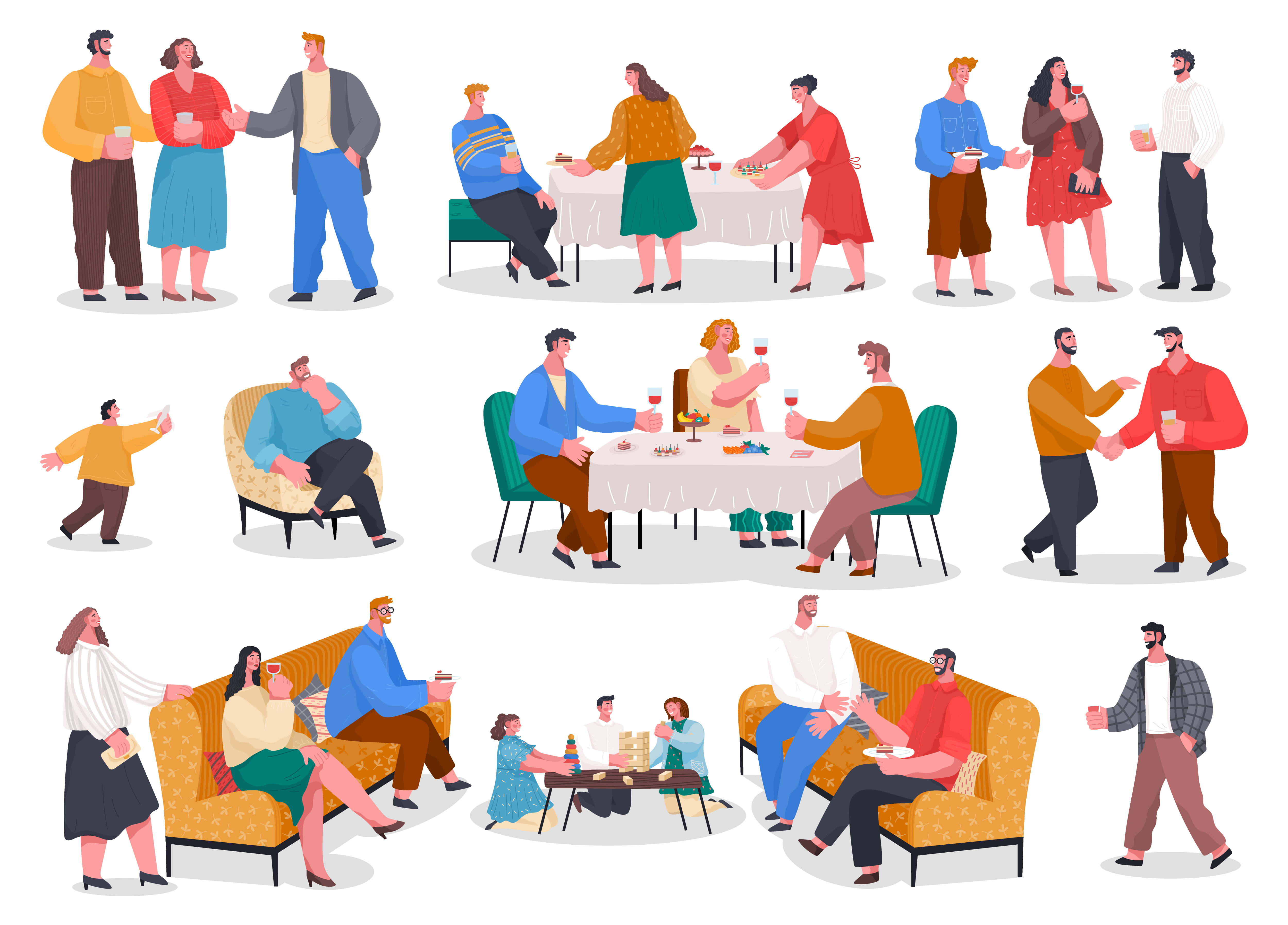 Men and women have dinner, party in restaurant or at home. Friends and family meeting with food and games. Set of isolated pictures with people having fun. Vector illustration of banquet in flat style. People Eat and Play on Banquet, Home Reception