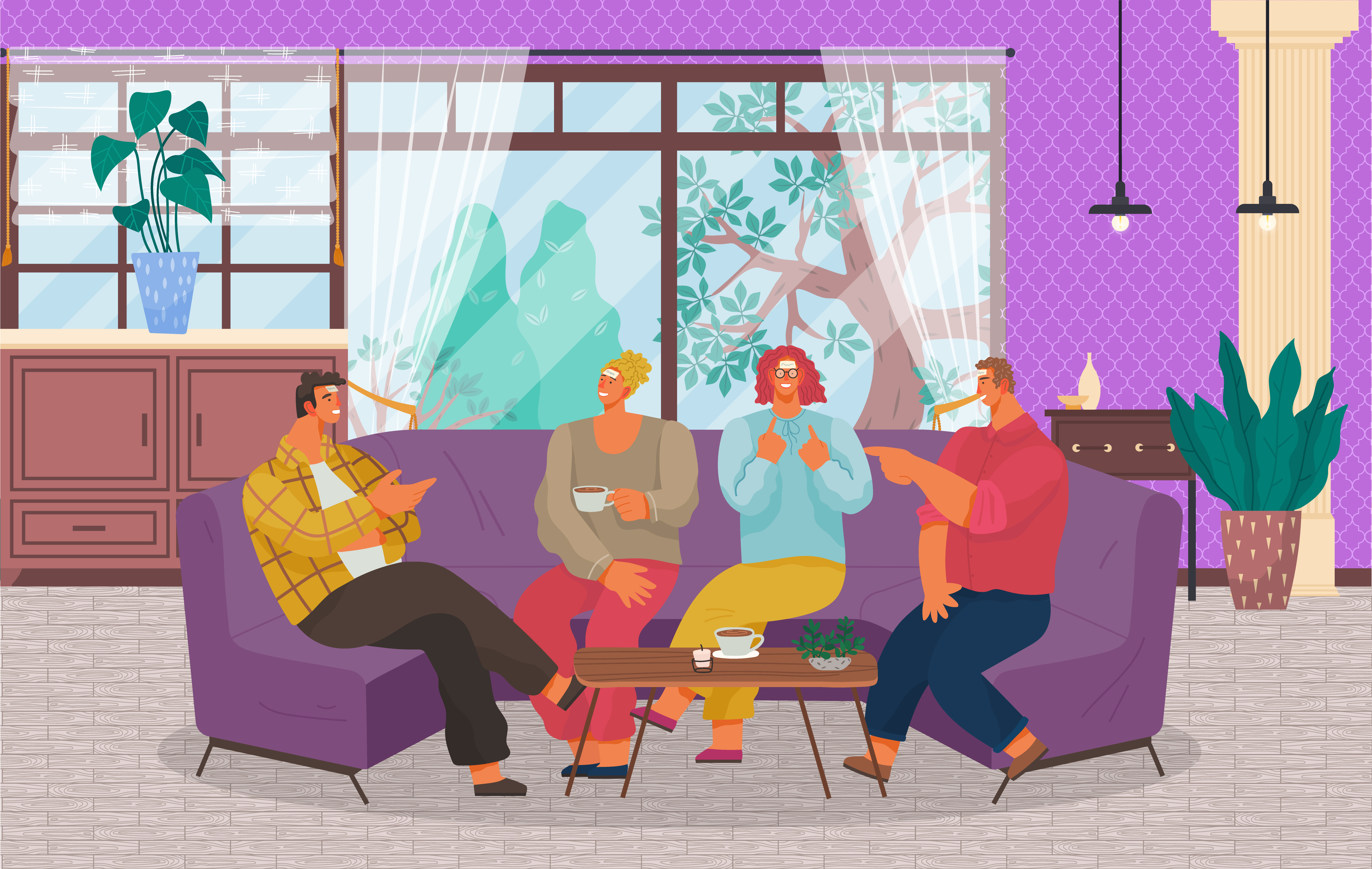 People spend leisure time playing games in living room. Men and women sit on violet sofa and have conversation. Meeting with friends at home. Apartment interior with big window. Vector illustration. Friends Playing Games on Sofa at Home, Meeting