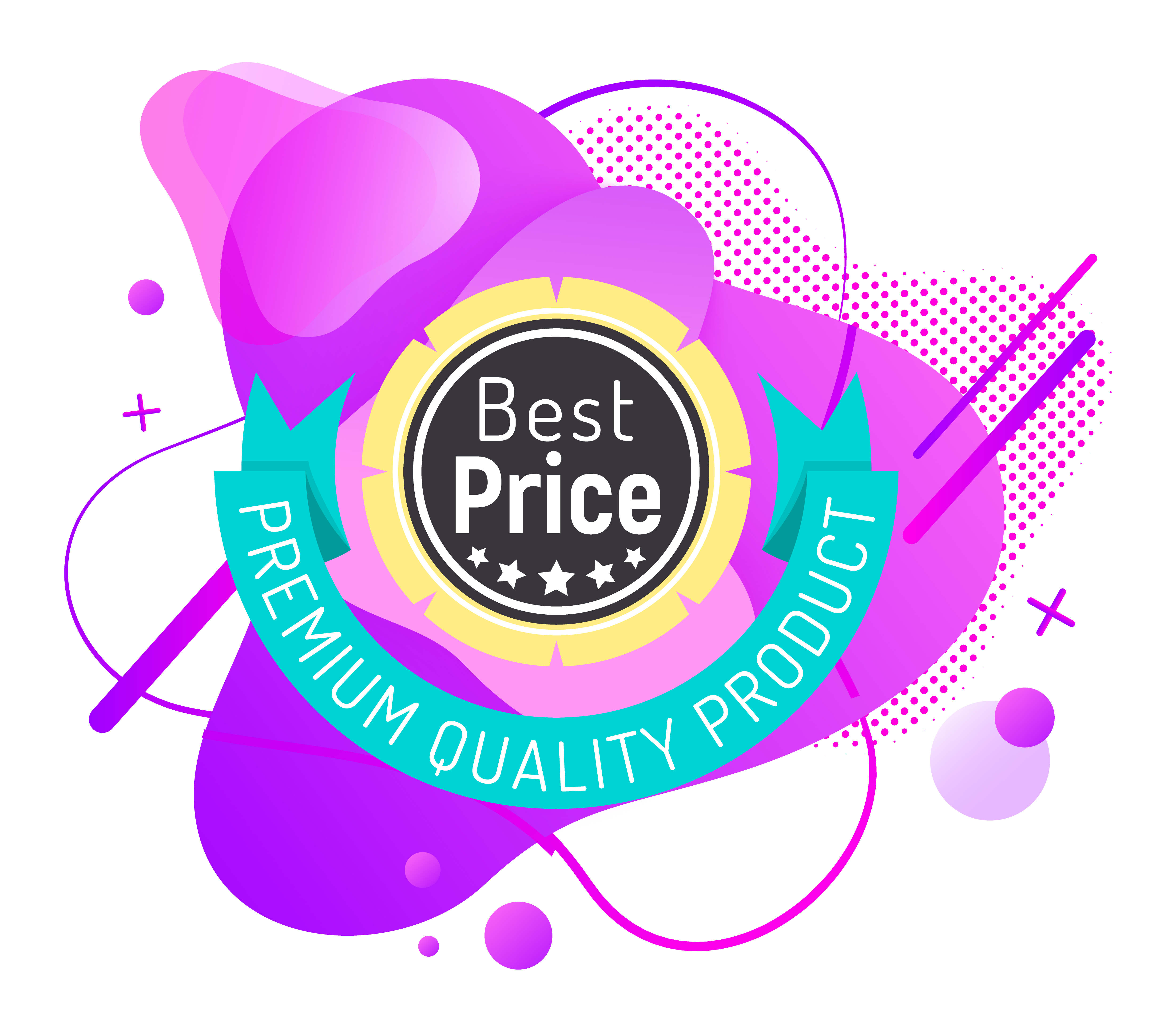 Best price circle label on purple liquid shape isolated on white. Advertising shopping guarantee icon with frame decorated by star symbols. Special promotion round emblem with ribbon symbol vector. Advertising Label Best Price Liquid Shape Vector
