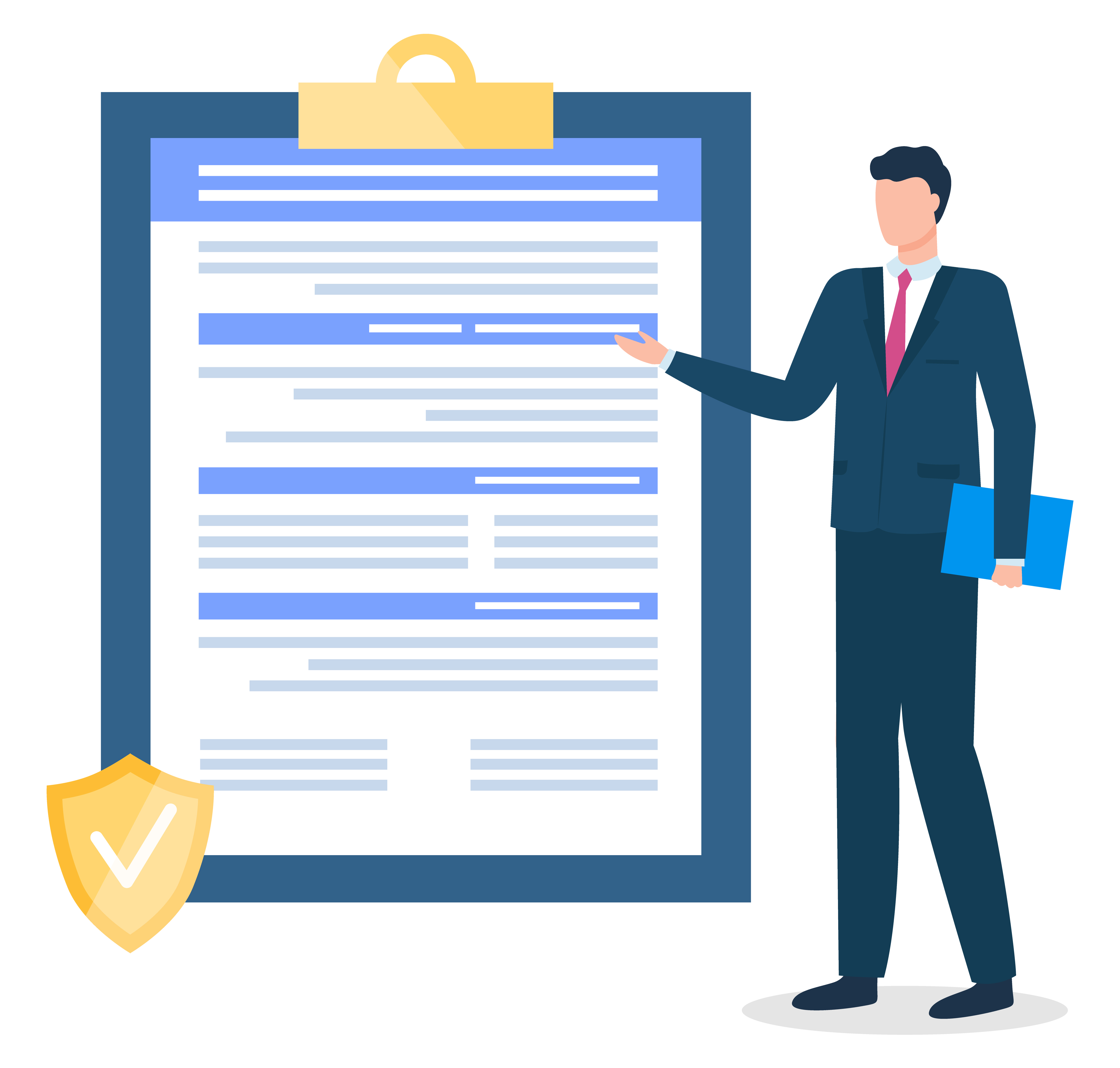 Male character working in insurance company pointing on contract or agreement on clipboard. Businessman presenting paper document for conclusion of deal. Business development vector in flat style. Businessman Presenting Clipboard with Contract