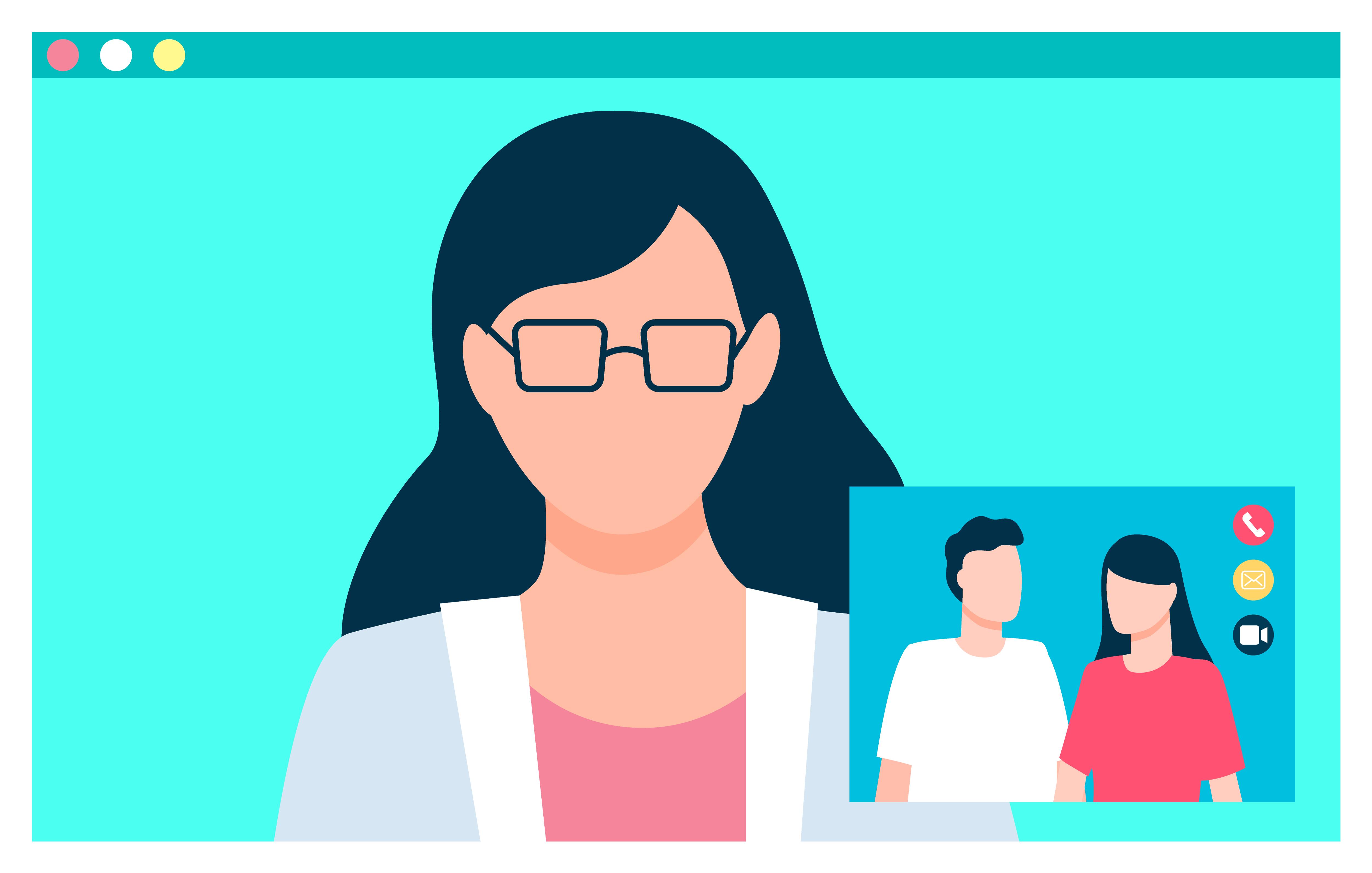 Online conversation, consultation between people by internet call with video in real time. Videoconference to talk with person, consultant remotely. Vector illustration of technology in flat style. Conversation Between People by Internet Video Call