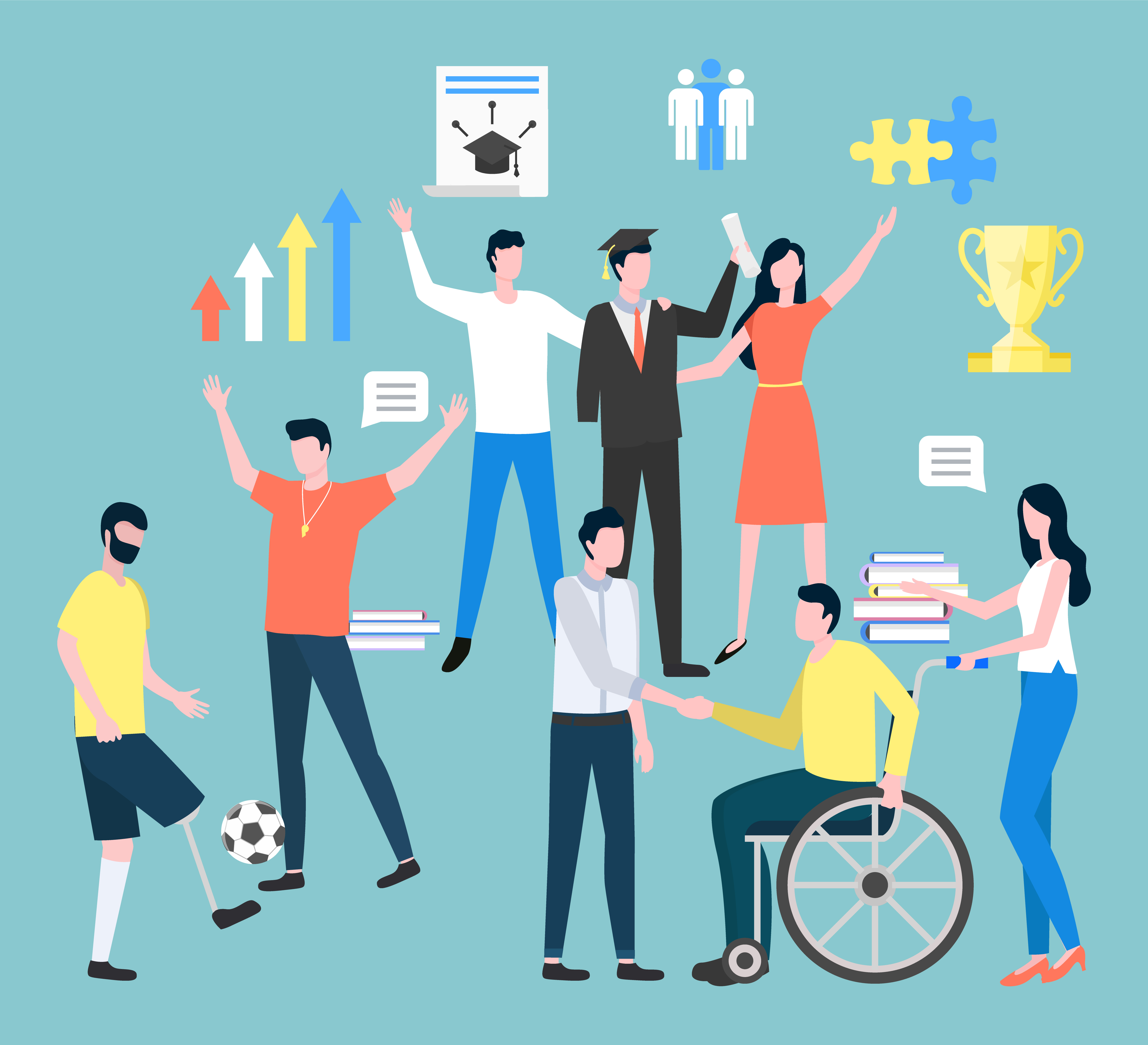 Set of people leading ordinary life and disabled person in community. Man sitting on wheelchair handshaking with boss or colleague. Male playing football, grad student with friends on prom vector. Handicapped People in Community, People Collection