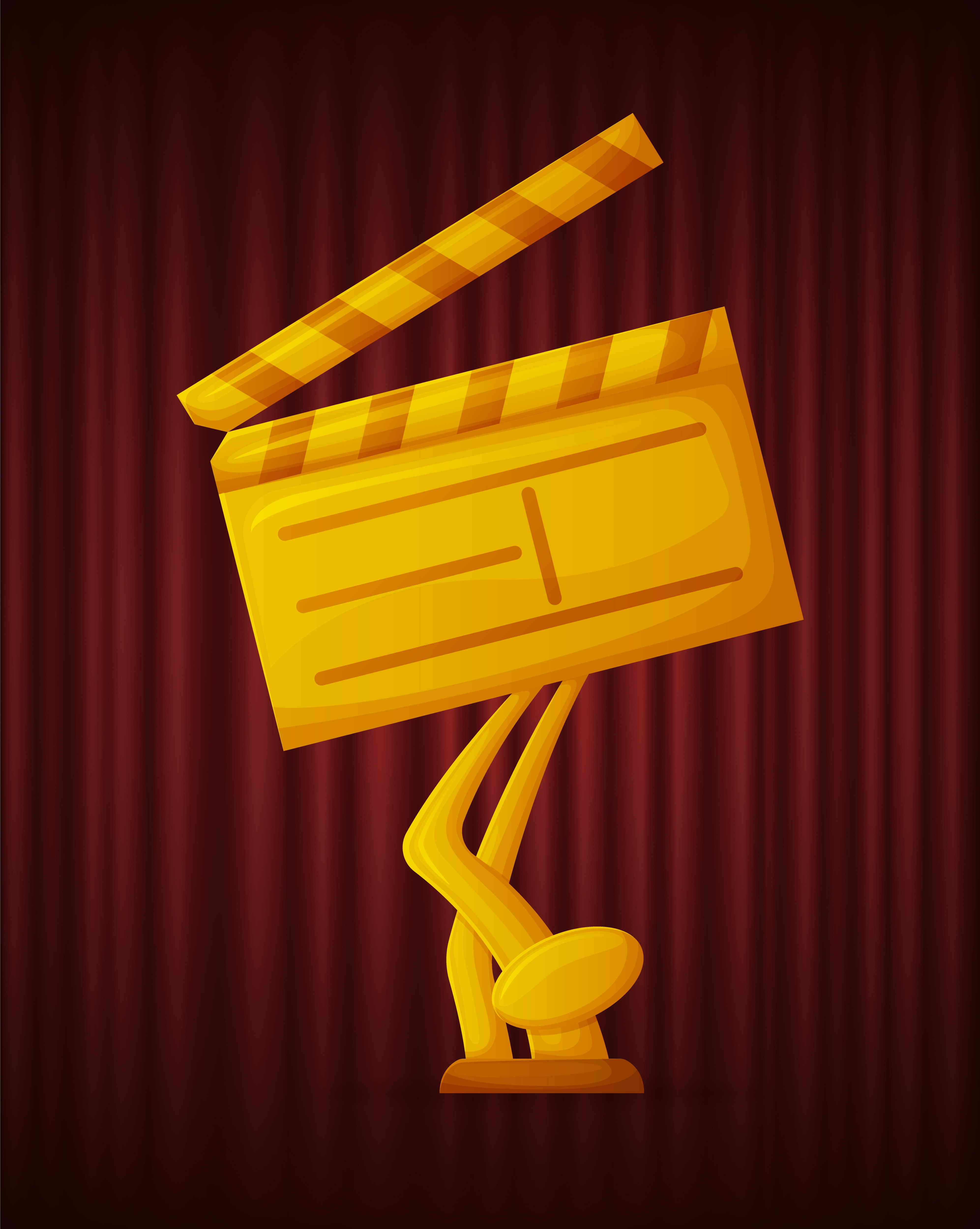 Golden trophy on shape of clapper board. Video reel equipment and glossy prize. best movie award. Cinematography ceremony, reward of winner vector illustration. Movie Clapper Board, Golden Cinema Award Vector
