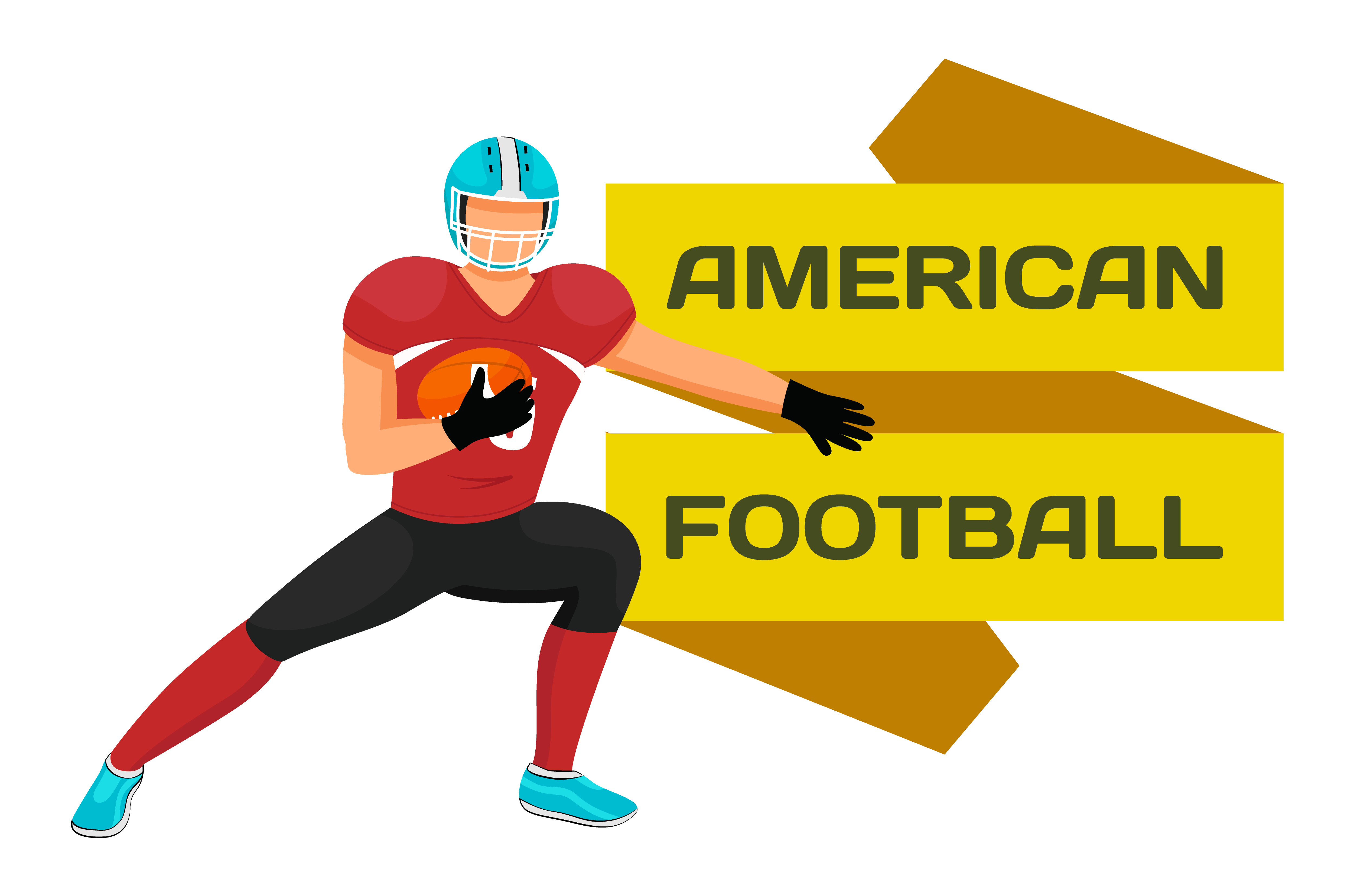 Footballer in helmet and uniform play on arena in american football. Sportsman stand on defense of team gate. Goalkeeper catch ball and hold it. Picture with name of game on label. Vector illustration. Goalkeeper Stand with Ball, American Football