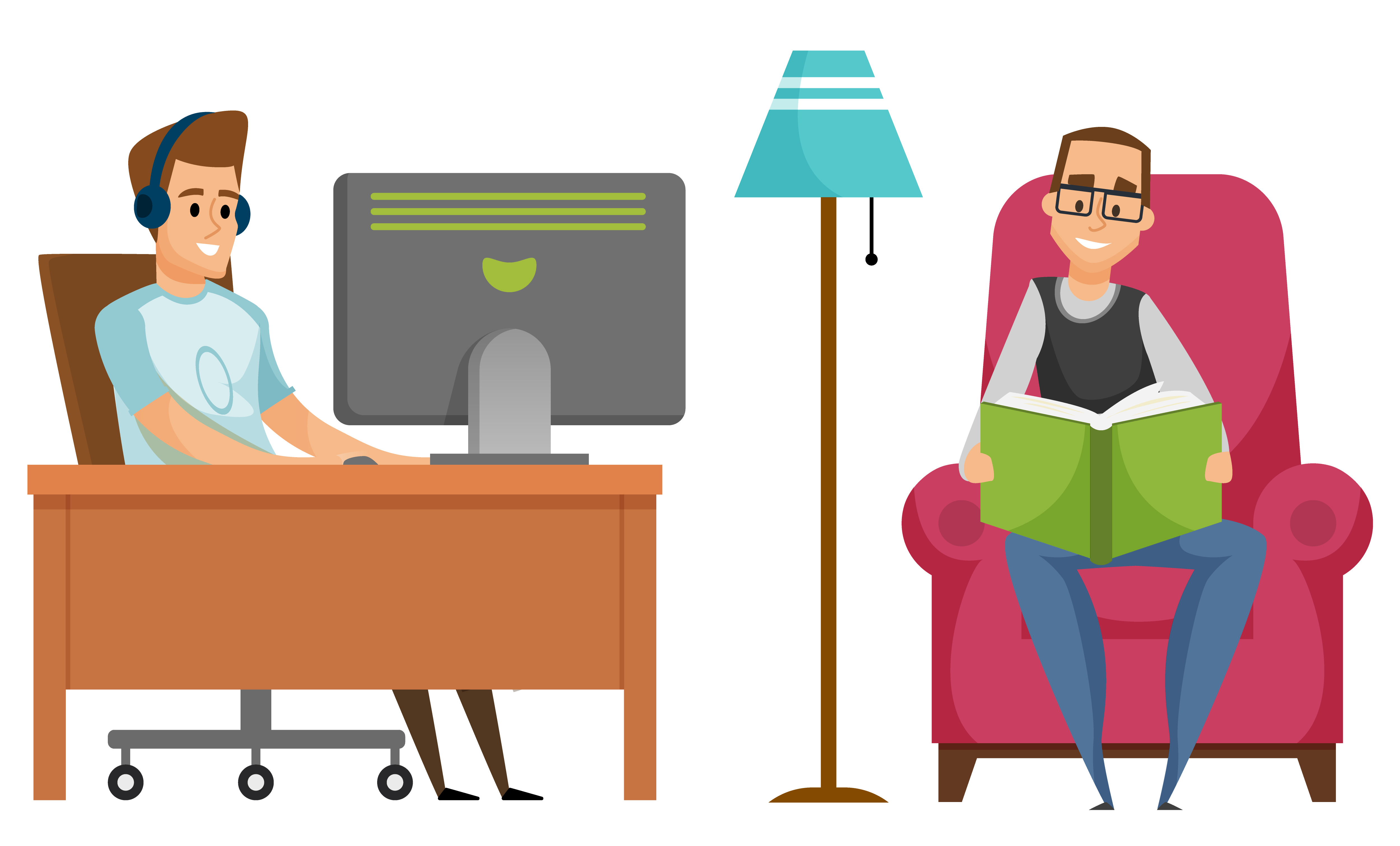 Portrait view of men reading literature and using computer, smiling males wearing headset and glasses, people relaxing, leisure indoor, book and pc vector. People Reading Book and Using Pc, Hobby Vector