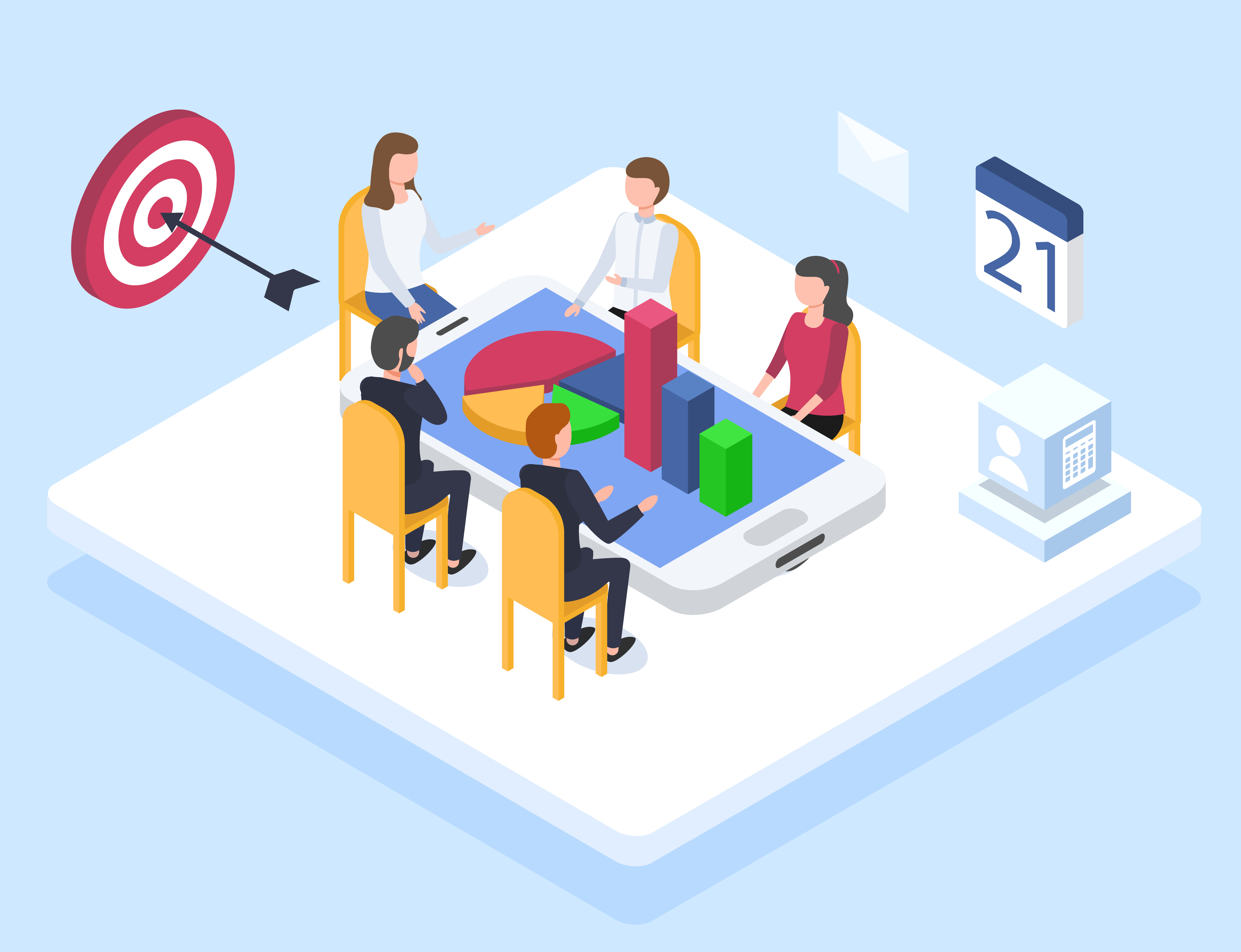Entrepreneur and workers planning working tasks, organizing job and activities. Setting goals and deadlines at business conference. People analyzing data and stats. Vector in isometric style. Leader and Workers on Office Meeting Planning Task