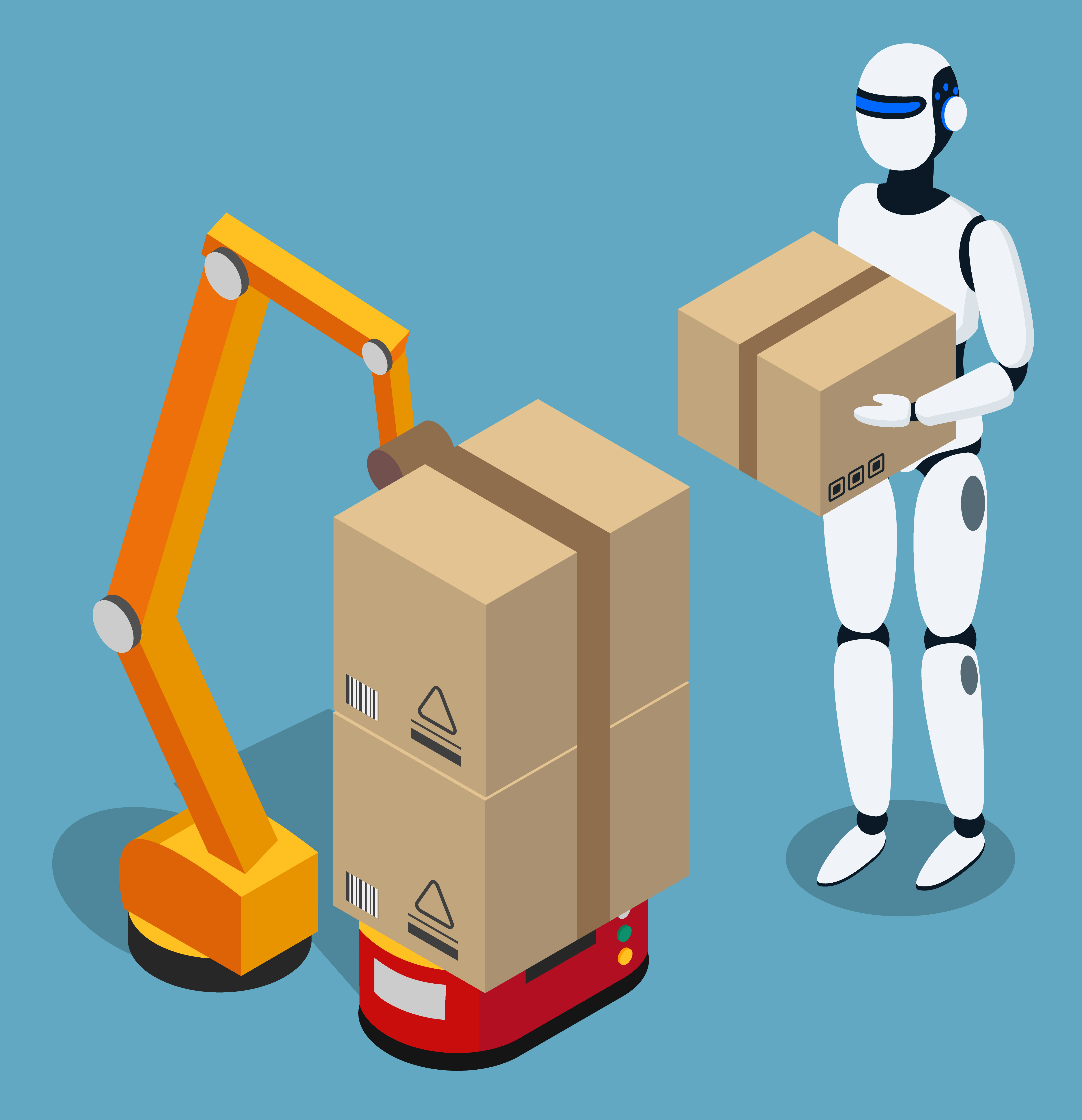 Robotic courier carrying parcel and loading box on lifting and transporting machine. Isolated system of logistics service. Shipment and delivery of cargo for clients. Automated process vector. Robot and Loading Machine at Delivery Service