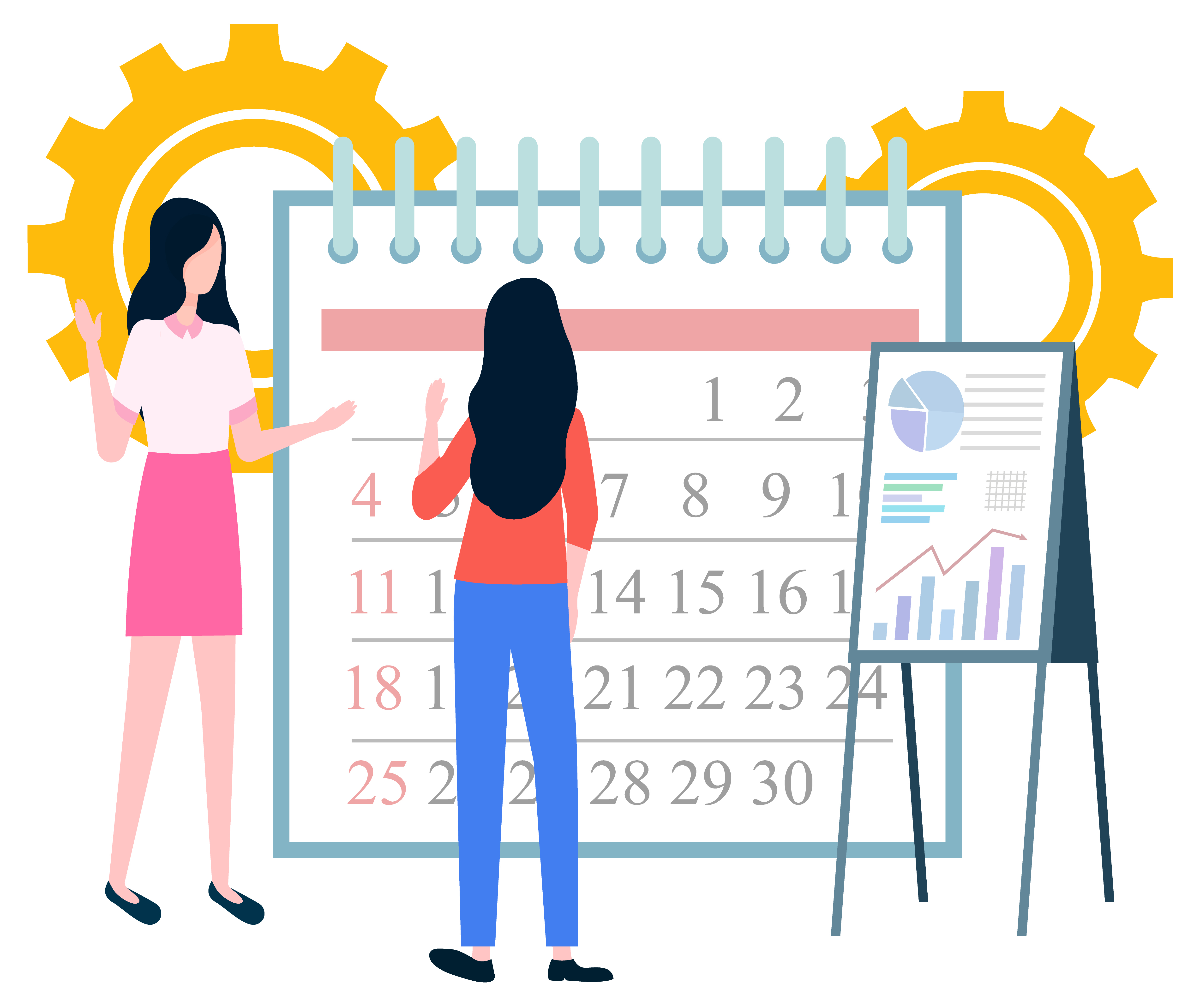 Women standing near calendar and planning. Business schedule. Whiteboard with rising graph and statistics. Female office workers vector illustration. Female Workers and Calendar, Planning and Strategy