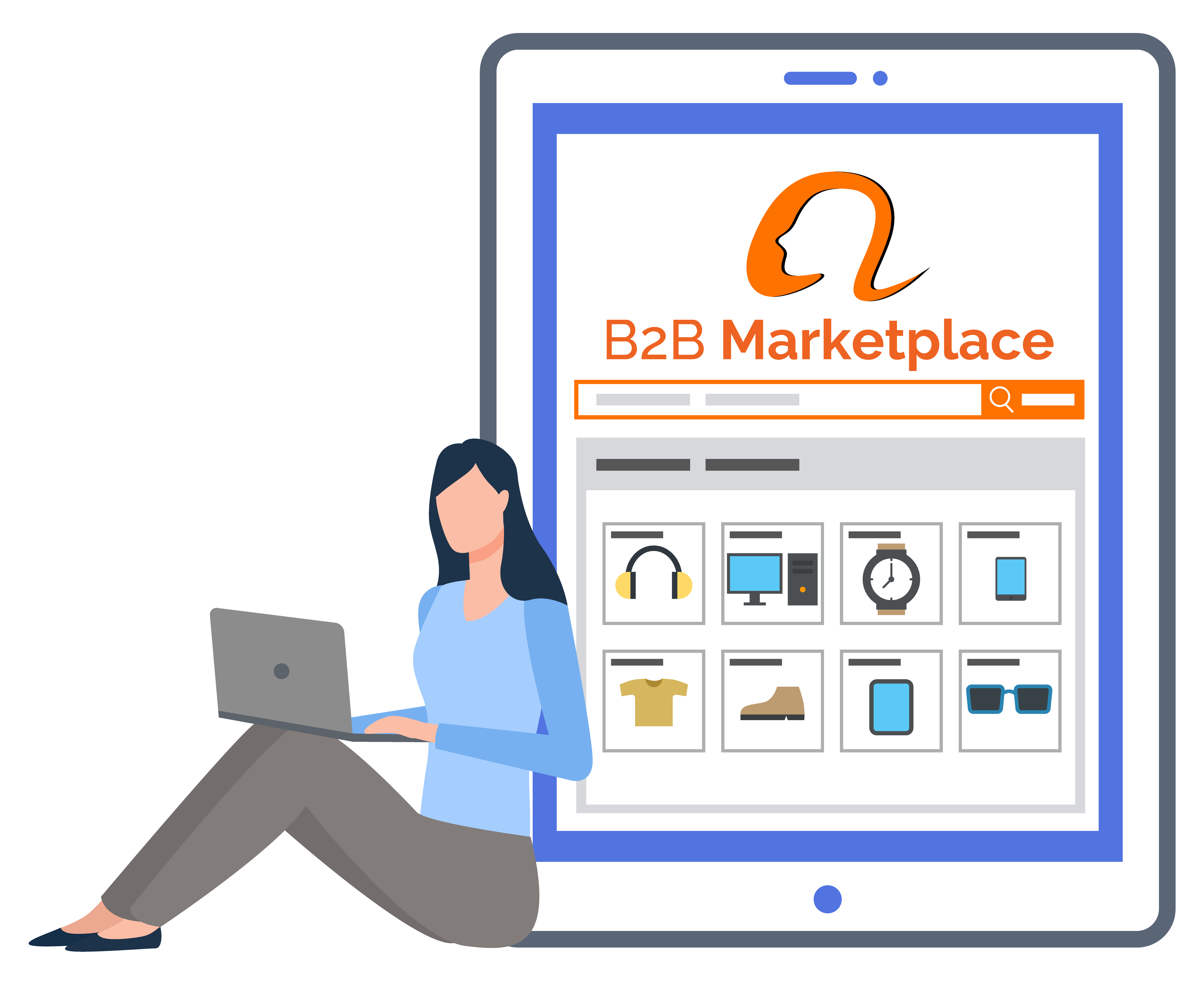 B2b marketplace, female character choosing clothes online, shopper with laptop. Monitor of tablet with shopping app or website, logistics worldwide. Vector e-commerce, buying goods by internet. Marketplace Online, Logistics Worldwide, Pc Vector