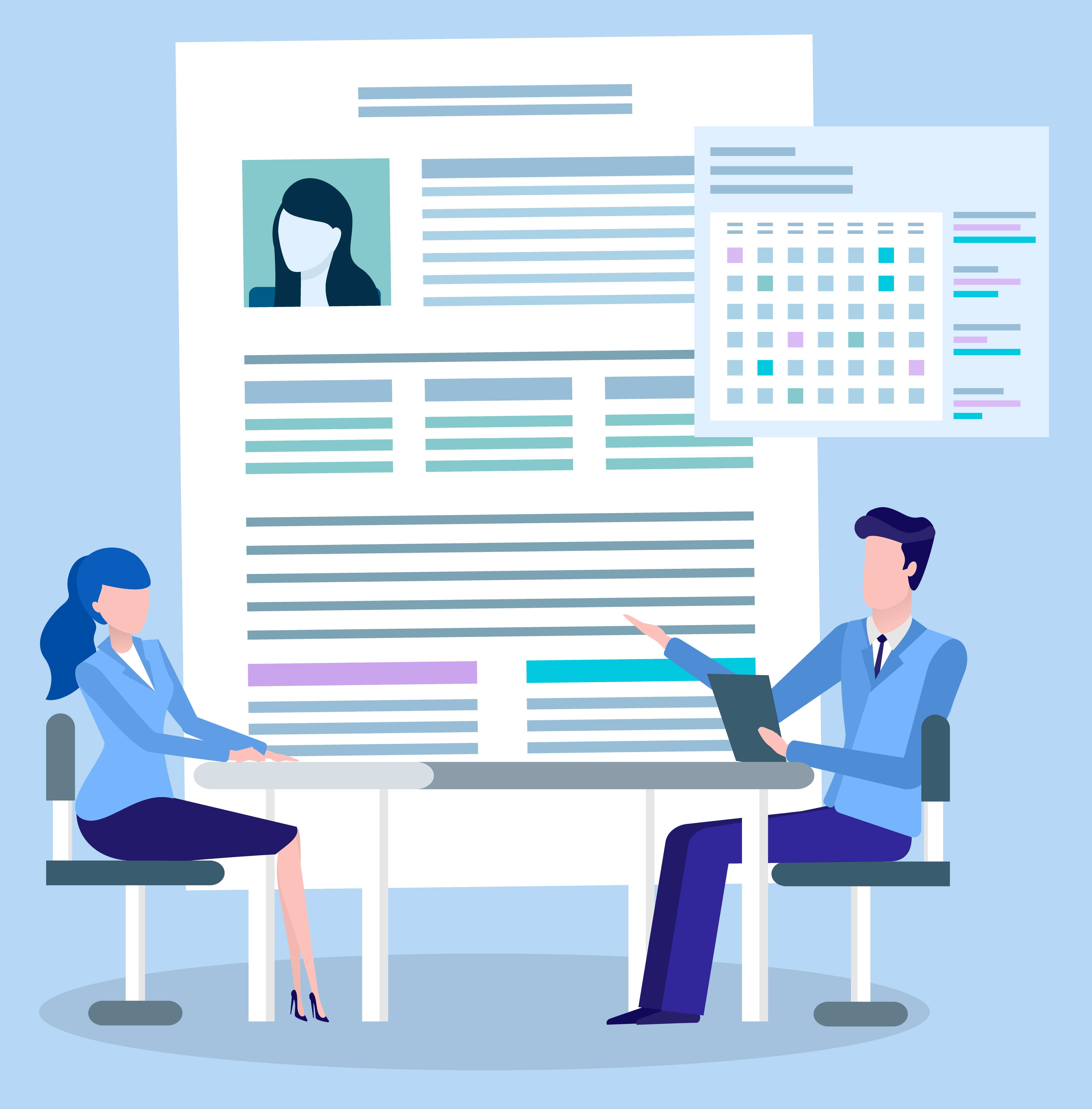 Employment, job interview, man and woman, profile or resume vector. Vacant position, work or occupation, employee and hr manager. Secretary with notepad, office and business workers illustration. Job Interview and Employment, Profile or Resume