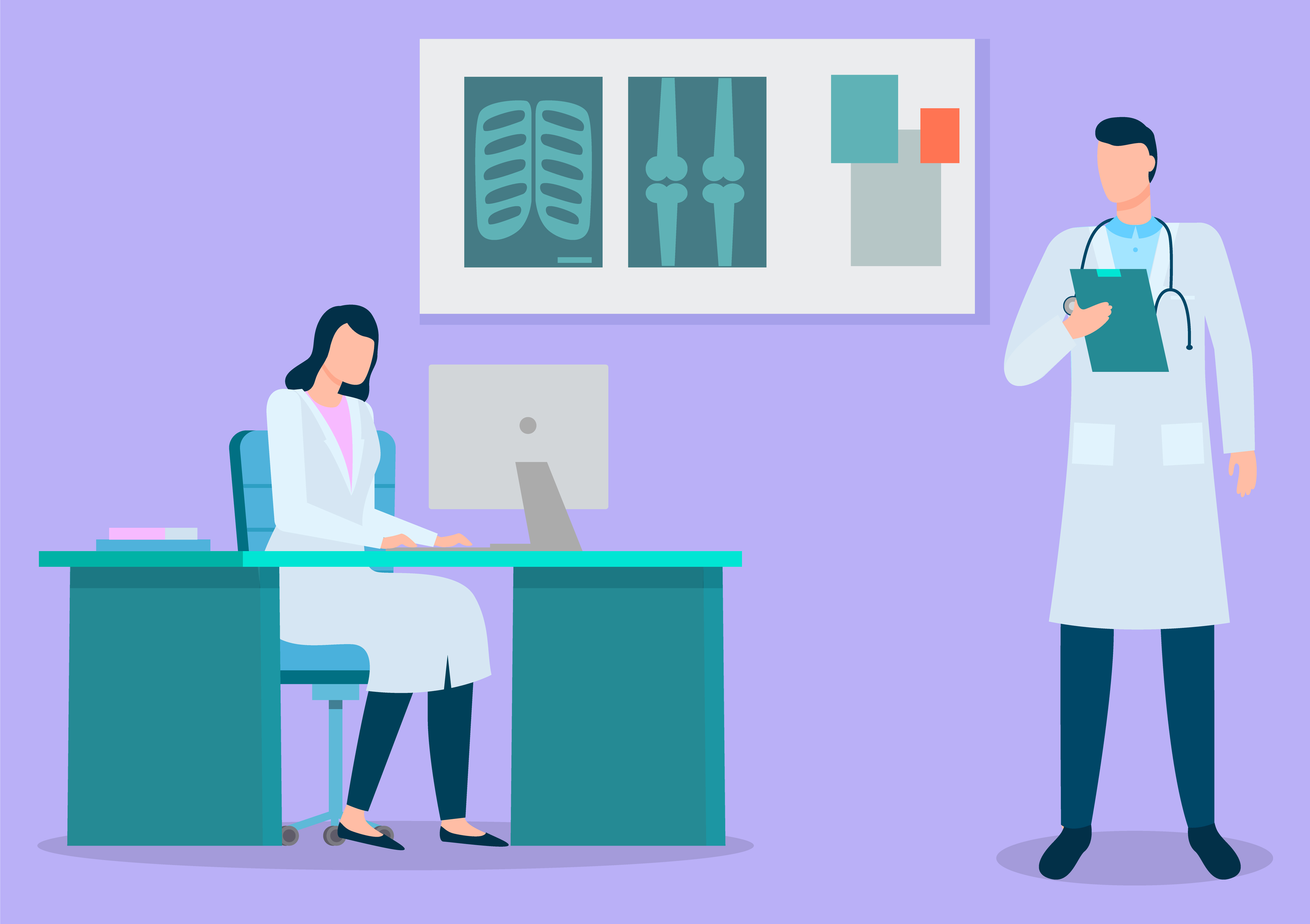 Doctor sit on chair by table and work on computer. Human bones radiographs on board. Xray cabinet in clinic to do medical imagine. Man and woman working at hospital. Vector illustration in flat style. Doctors Working at Xray, Radiographical Cabinet