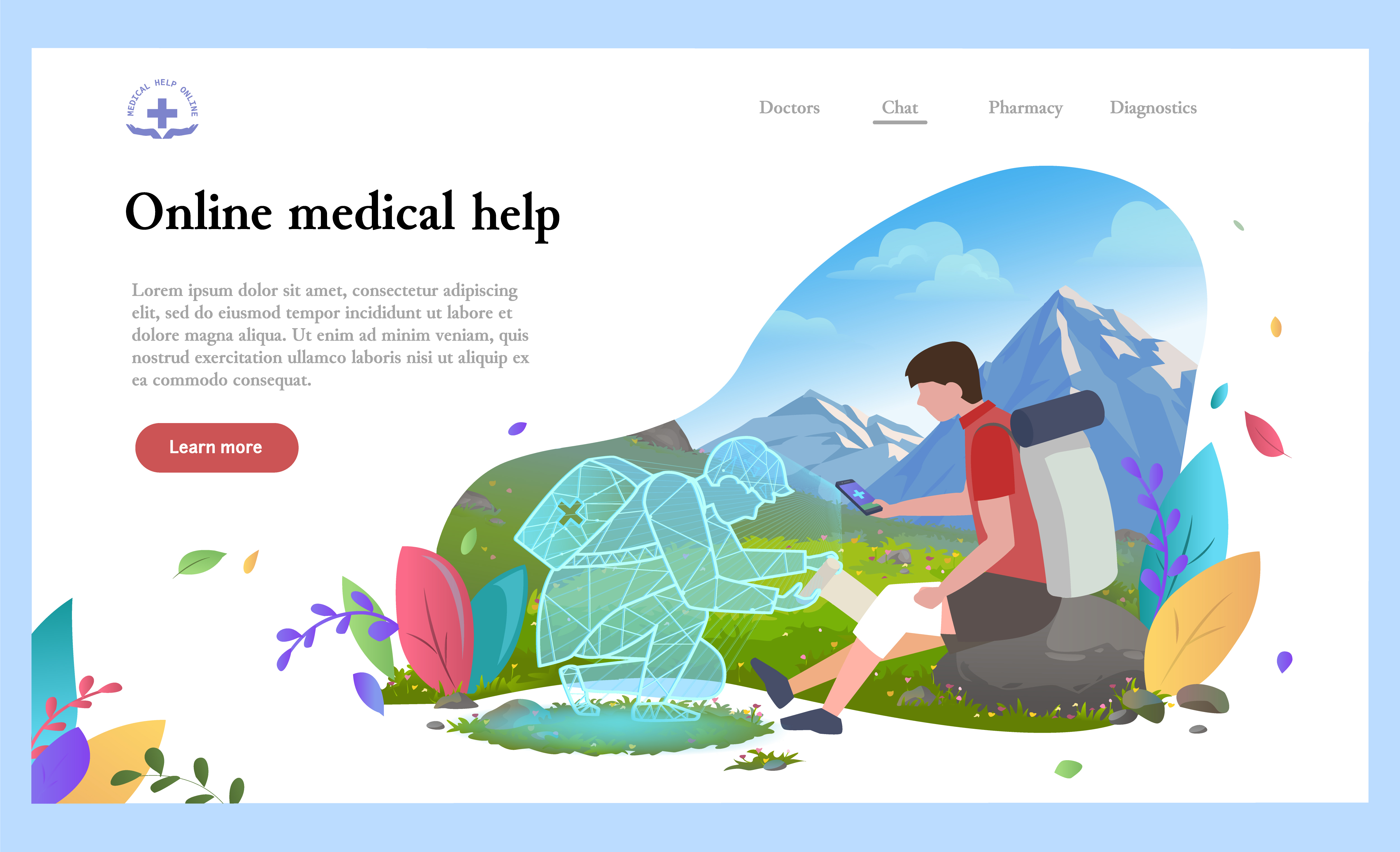 Medical worker online helping hiking man, person with injured knee in mountains. Patient with smartphone help online first aid consultation. Holographic projection of doctor. Landscape with greenery. Help Online, Medical Care for Hiker Injured Knee