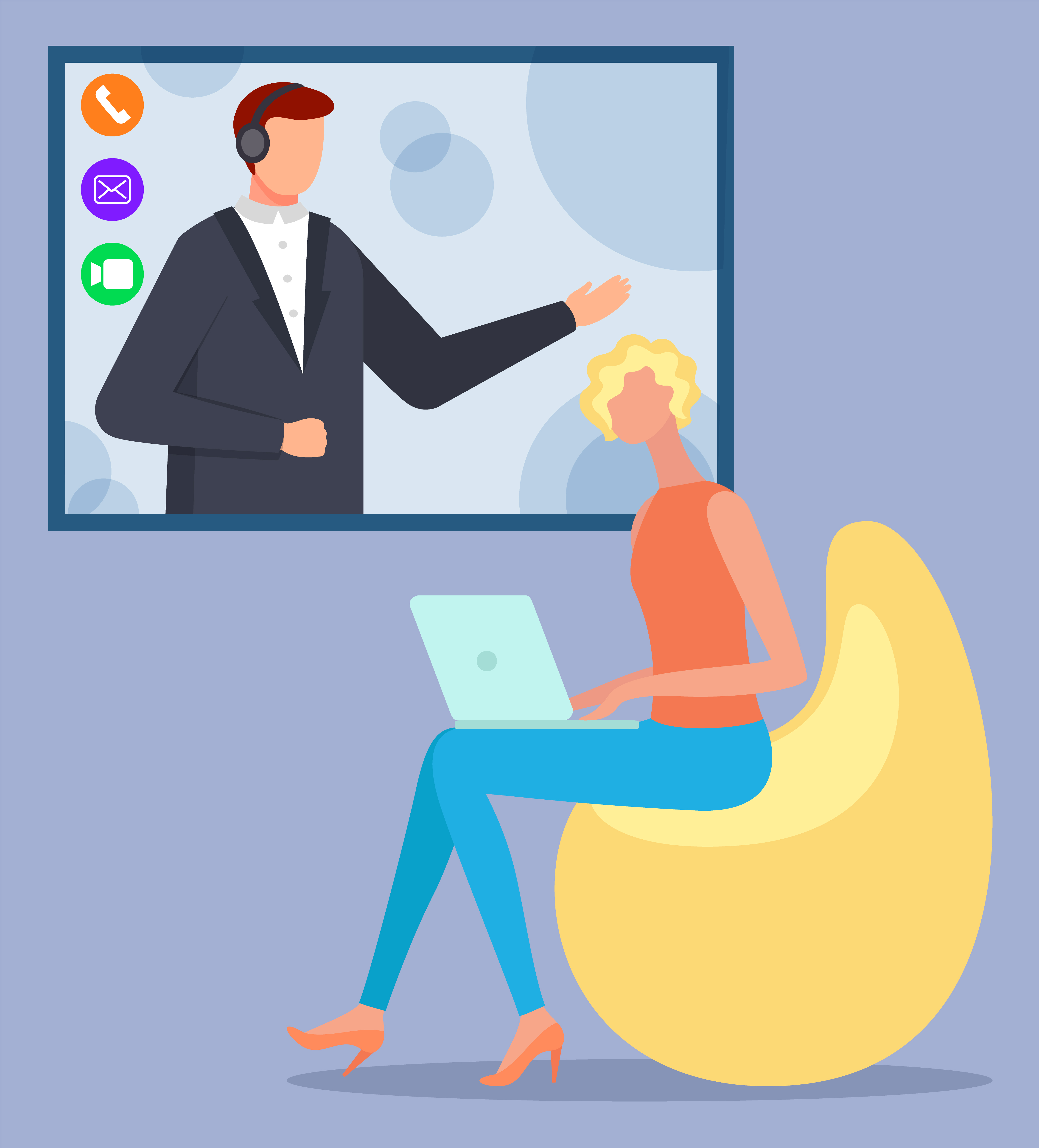 Woman sit and work on laptop, cozy workplace at office. Conversation between manager or assistant and boss by internet call. Company meeting or appointment. Vector illustration in flat style. Managers Have Call, Company Meeting or Appointment