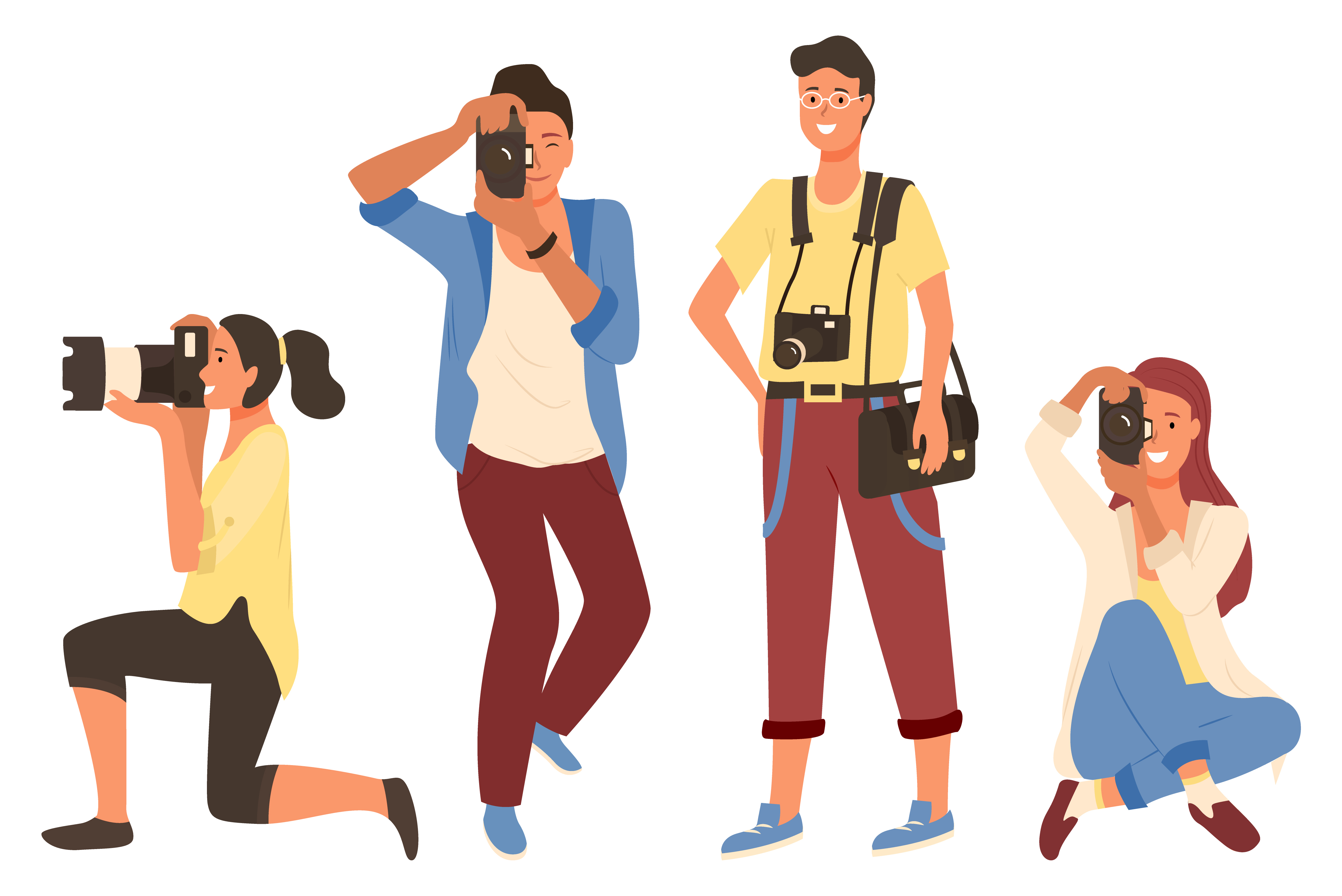 Man and woman holding photo-camera and shooting. Photographers in casual clothes taking photos, male and female photographing leisure or hobby vector. Photographers Man and Woman, Photo Shoot Vector