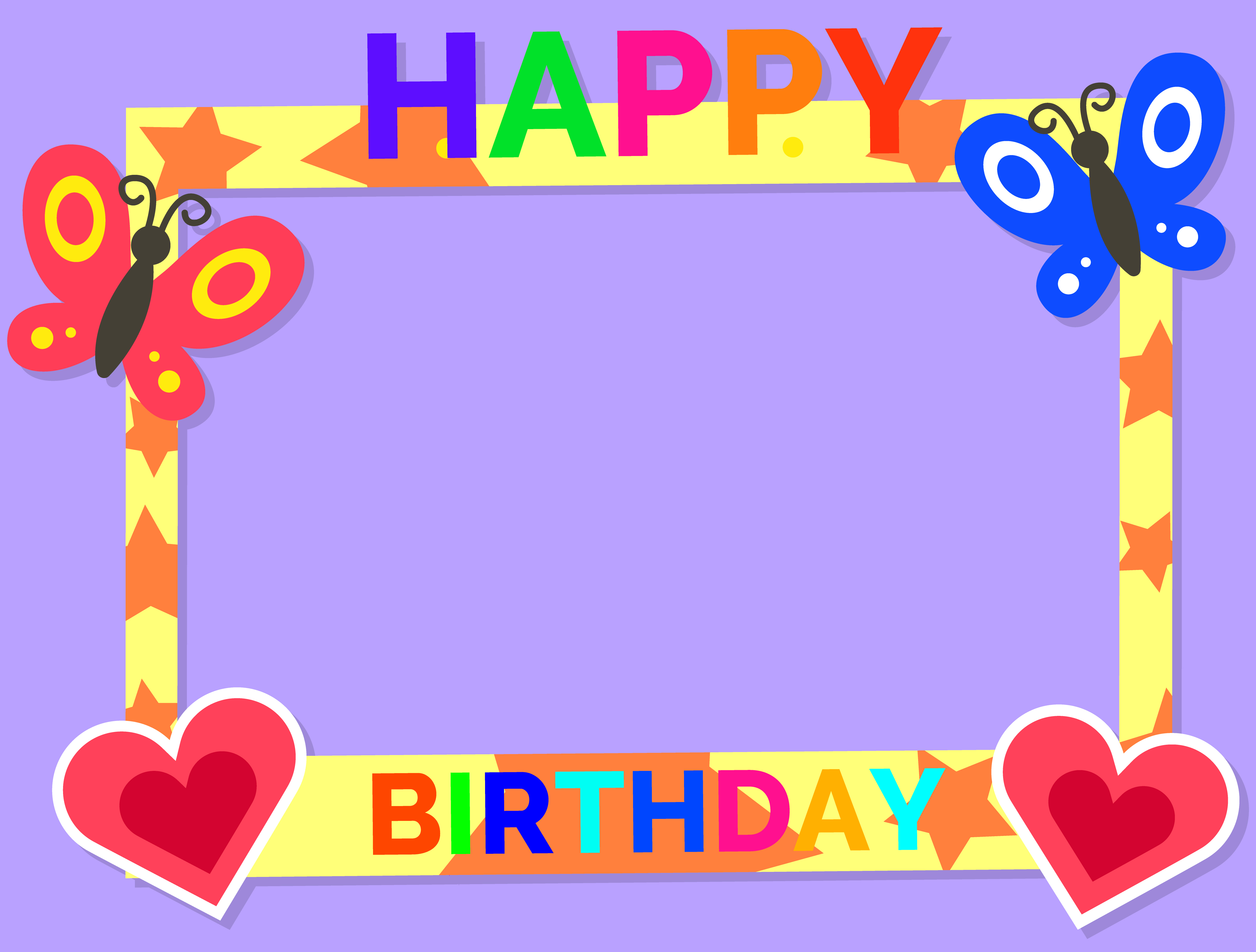 Happy Birthday colorful photo frame template with little hearts and butterflies on lavender background. Greetings and photozone accessories and festive decoration for kids party vector illustration. Happy Birthday Cute Colorful Photo Frame Vector