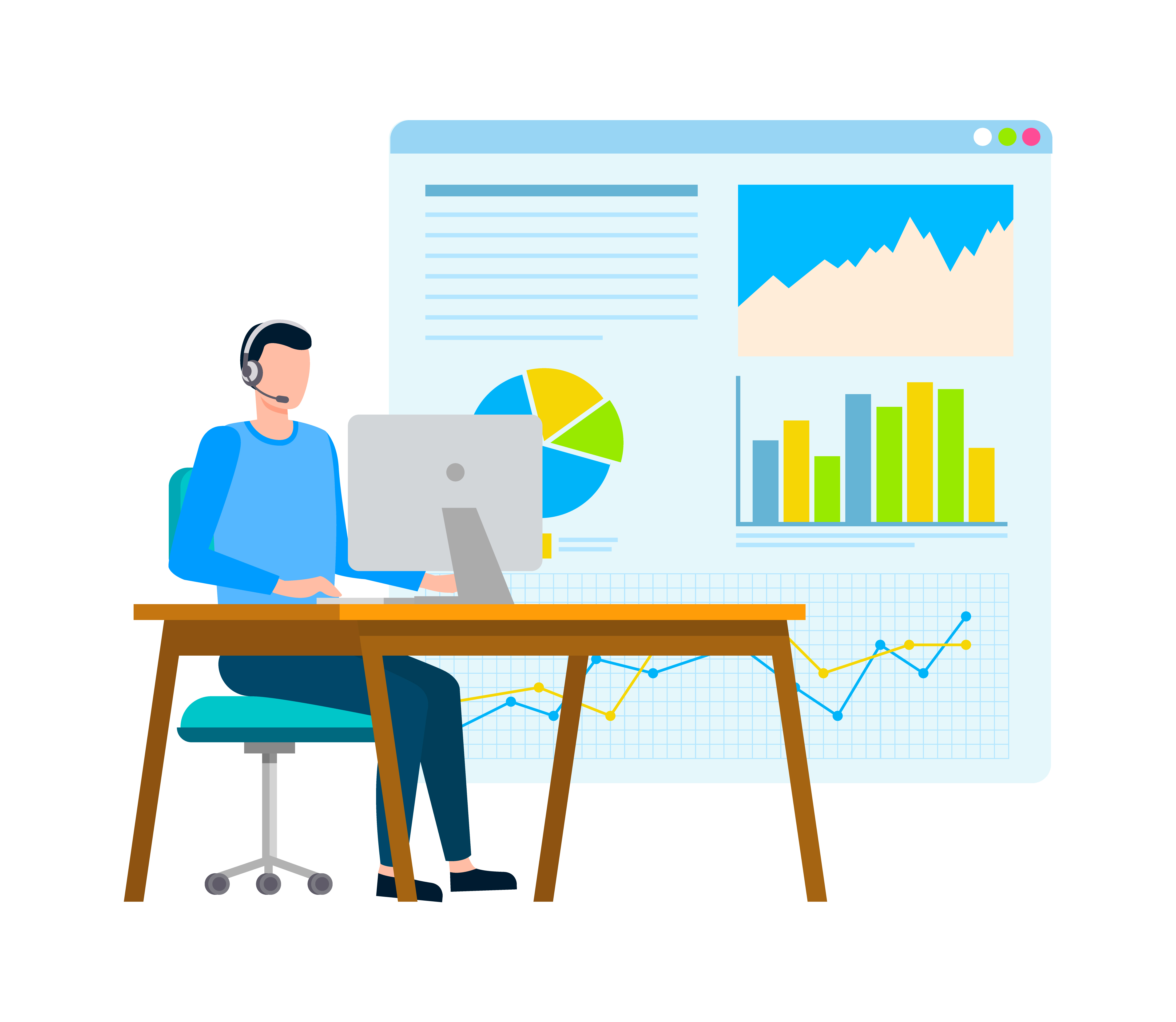Whiteboard with information in visual representation vector, infochart worker with laptop working in office analyzing stats of business project results. Freelancer Working with Information on Whiteboard