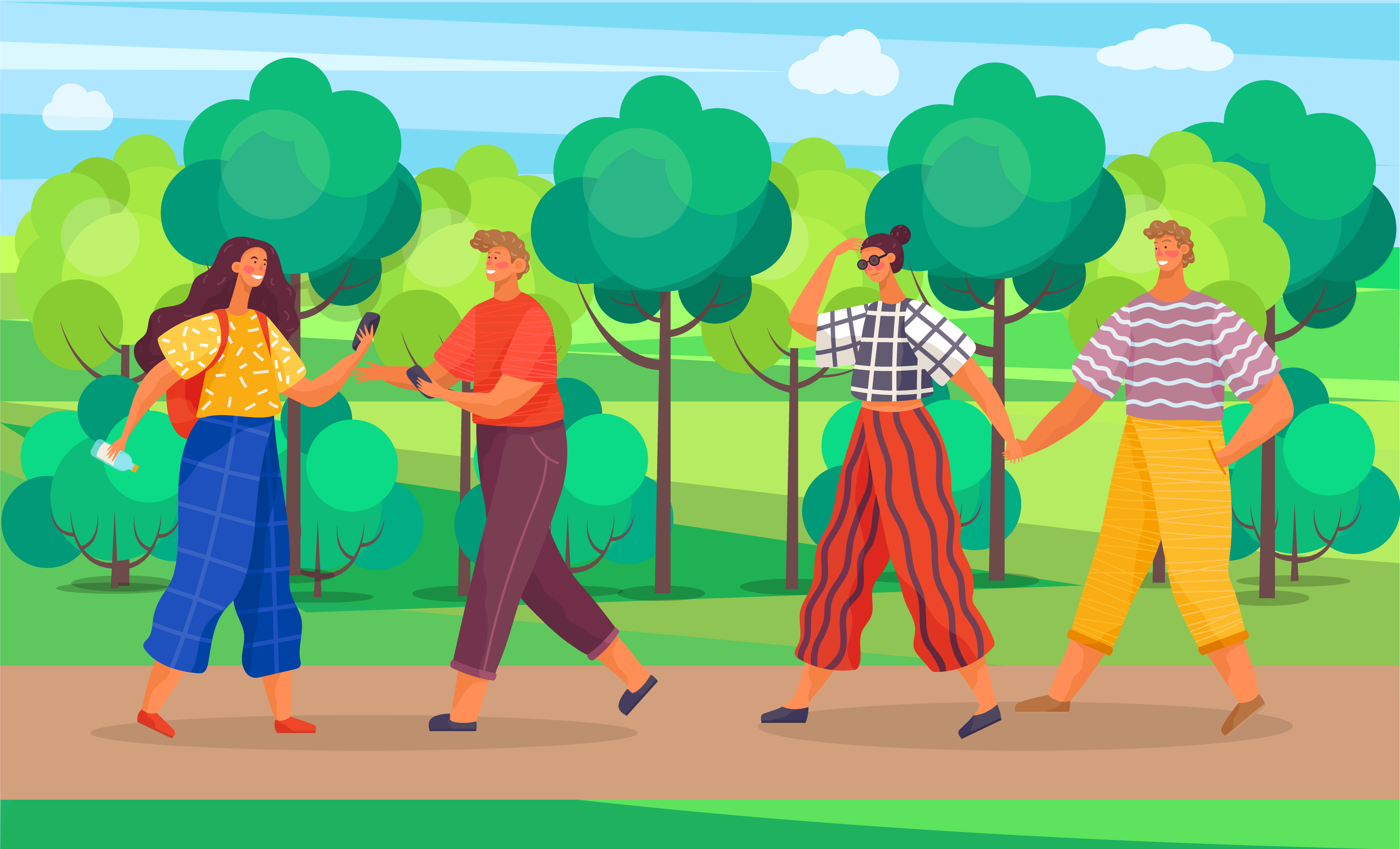 People spend leisure time in park or forest. Teenagers talking on pathway, friends meeting. Man and woman walk holding hands. Landscape with green trees, sunny summer day. Vector illustration in flat. People Walk in Park or Lawn, Summer Sunny Weather