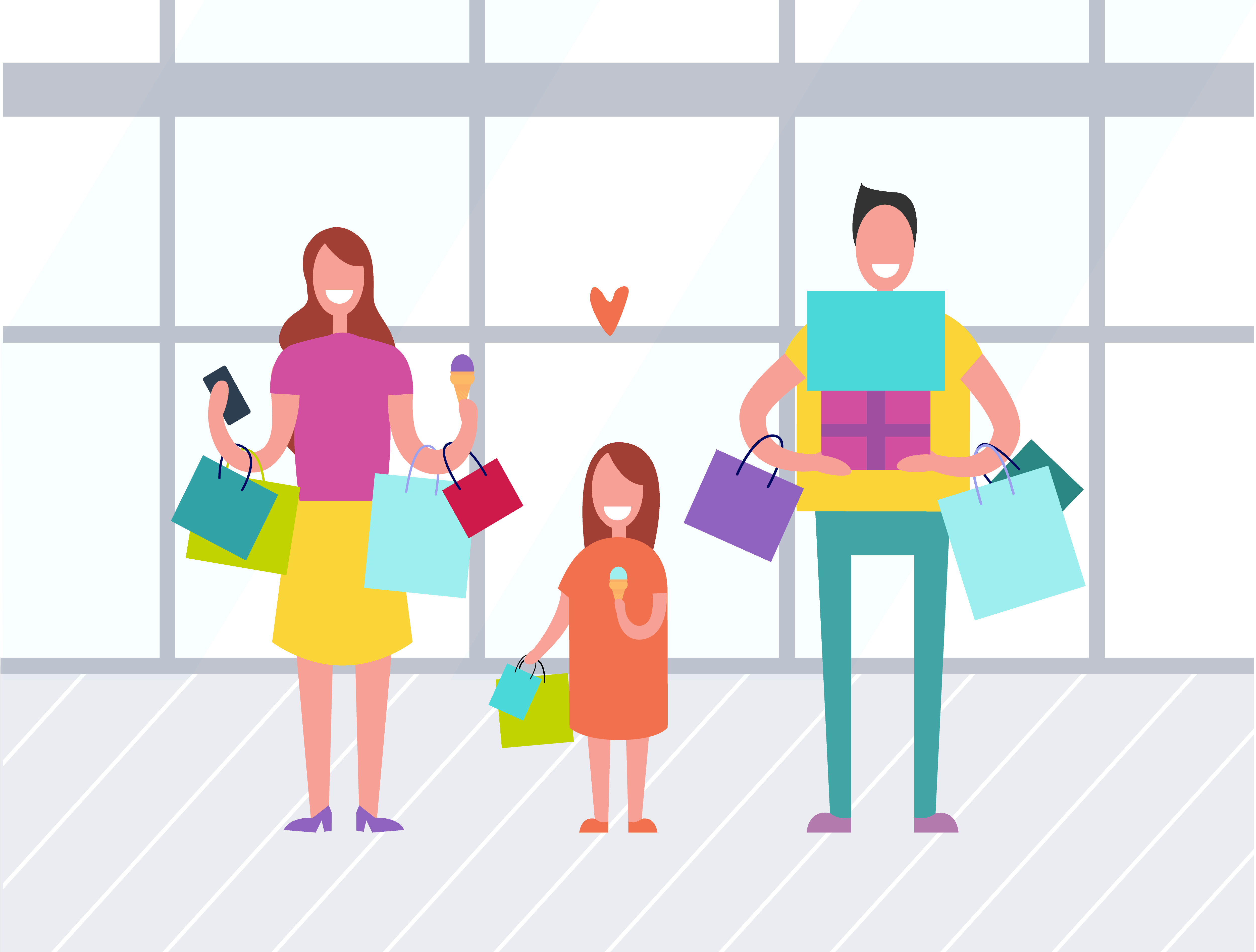 Family day vector, sale in supermarket. Man and woman with child with bags. Mother and father with kid eating ice cream, supermarket shop or store. Family Shopping People, Mother and Father Kids