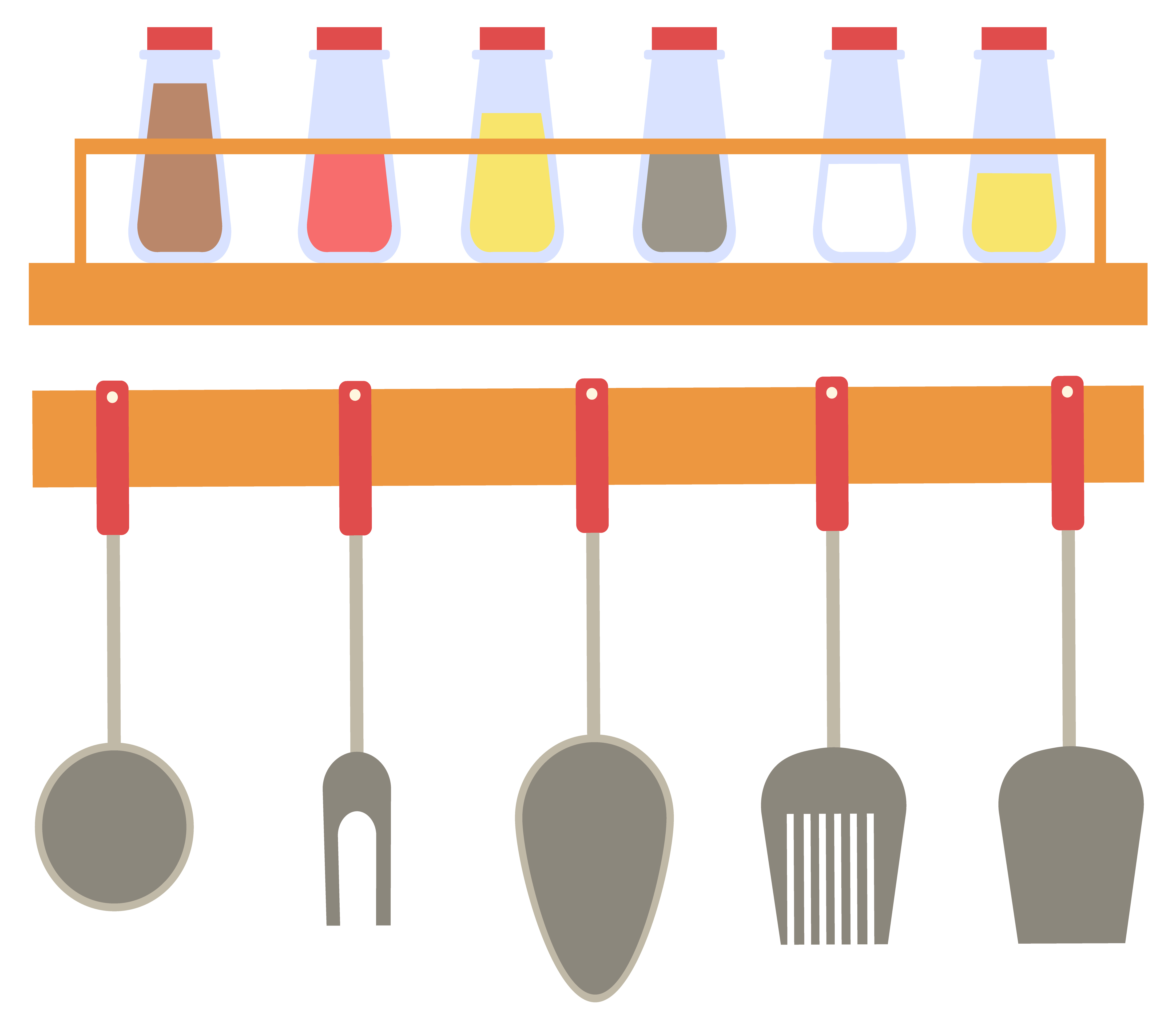 Kitchen cutlery vector, spatula and fork for bbq barbeque, spoon flat style. Bottles on wooden shelf with spices, turmeric and paprika, salt and pepper. Spices in Bottles and Cutlery of Kitchen Vector