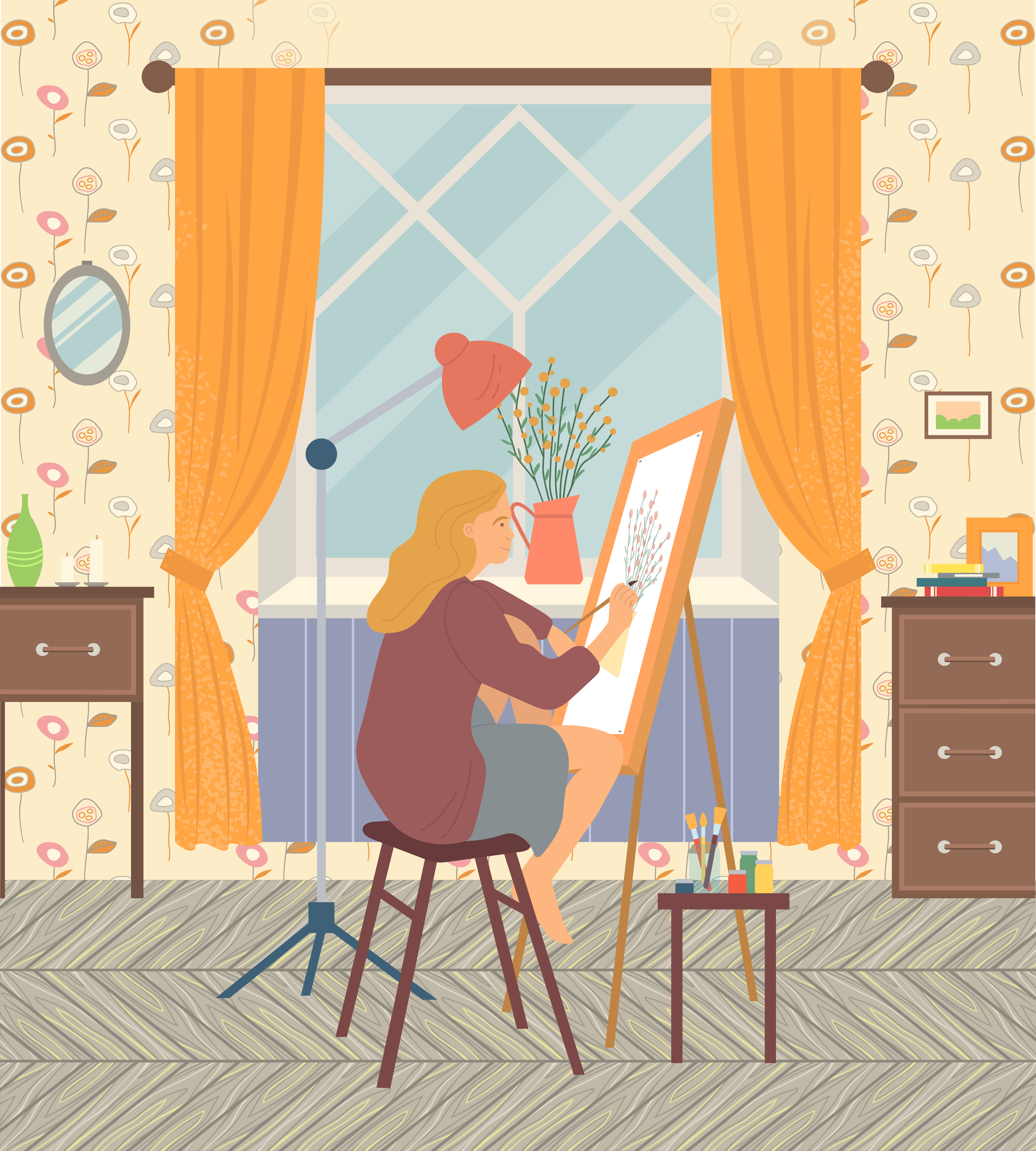 Artist drawing new picture on easel vector, woman at home. Window with curtain and wallpapers, mirror and drawers with photo framed home interior. Woman Painter at Home Artist in Room House Vector