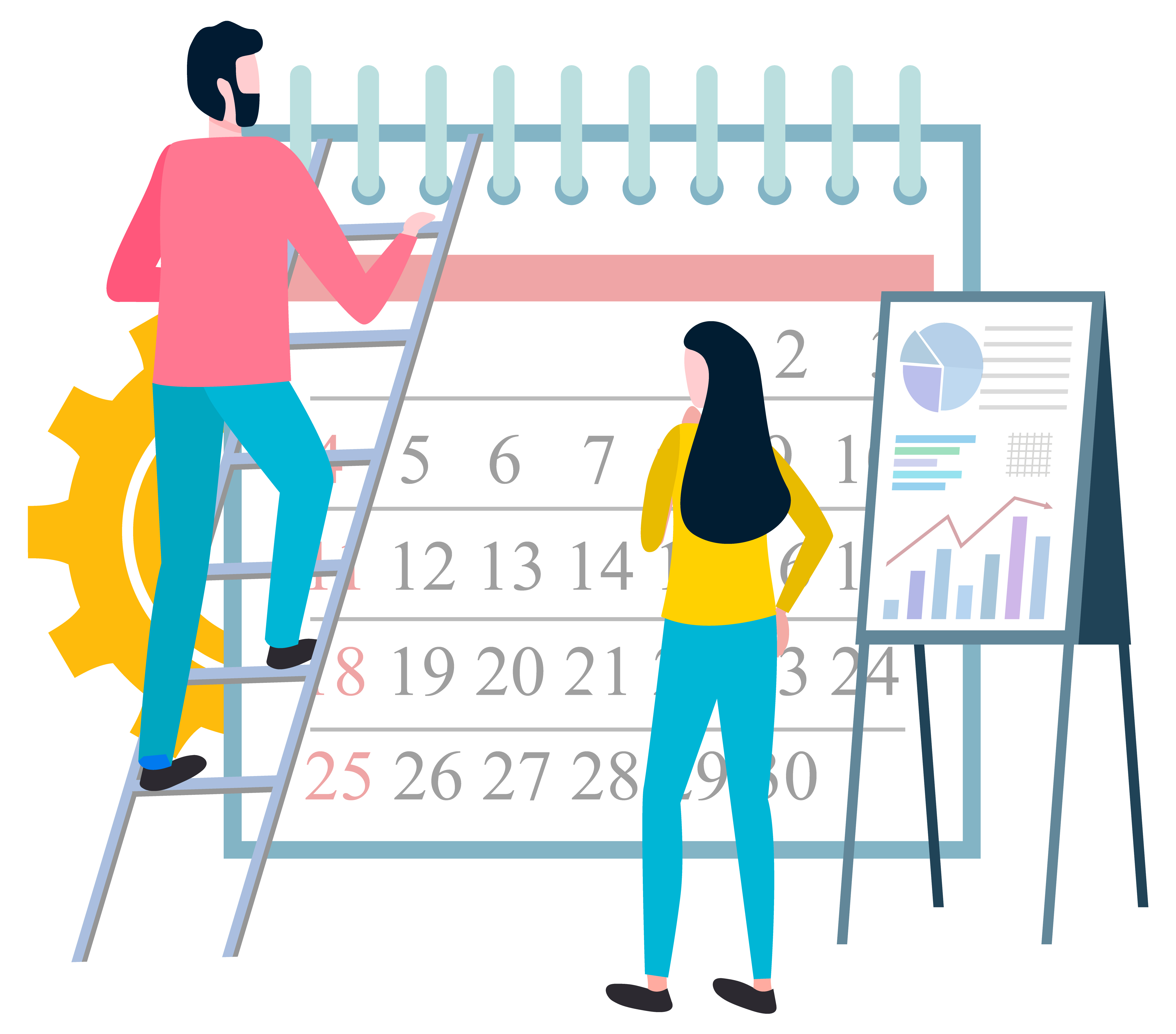 Worker with calendar vector, man and woman organizing work tasks and assignments deadlines. Whiteboard with stats and analysis, male on ladder business. Time Management, Workers Organizing Job Tasks