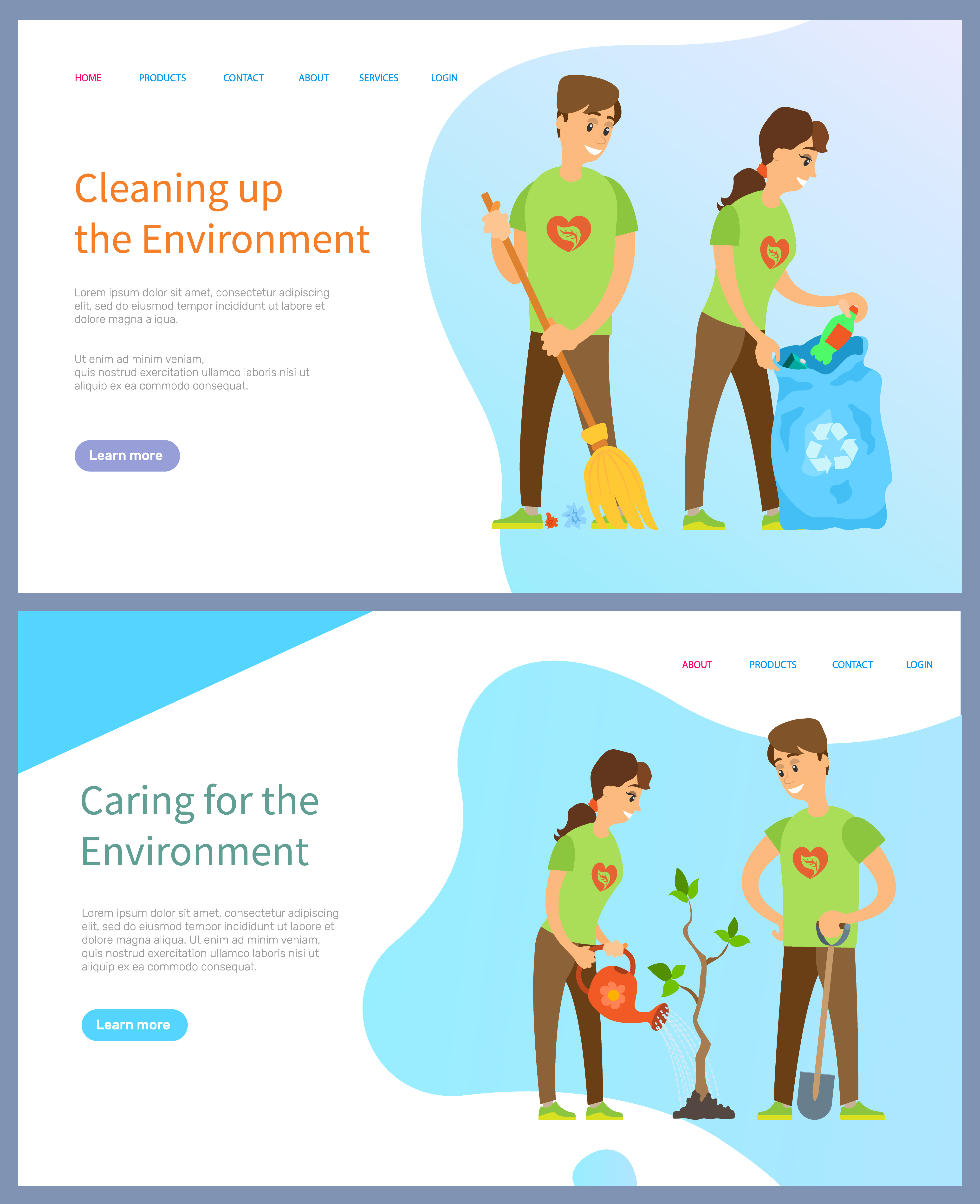Cleaning environment vector, volunteering man and woman with bag full of waste, growing tree and watering plant, social workers helping planet. Website or slider app, landing page flat style. Cleaning Environment, People Helping Ecology Web