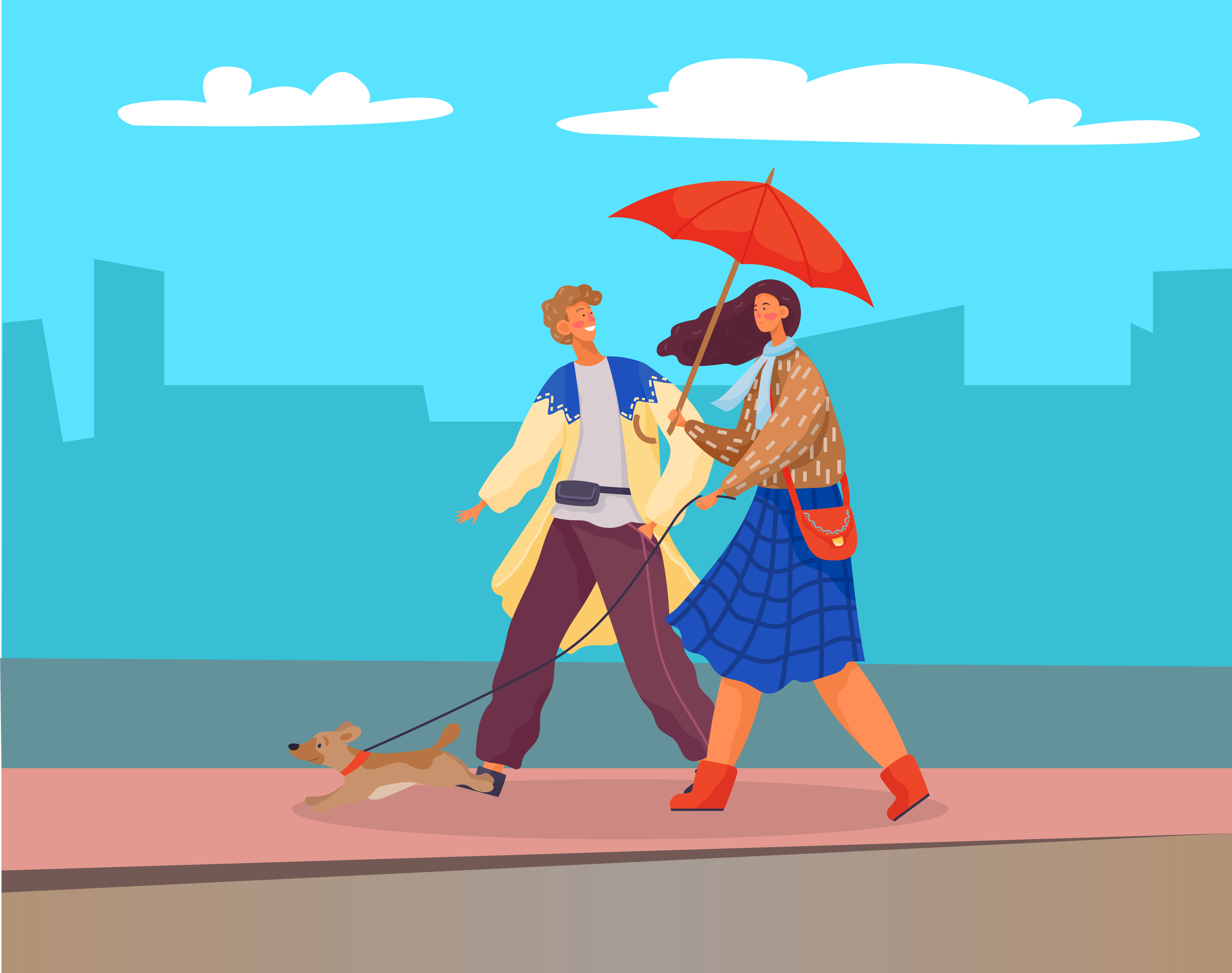 Man and woman walking with domestic pet on city street. People on date or friends meeting. Couple stroll with dog on leash. Silhouette of cityscape on background. Vector illustration in flat style. Man and Woman, Couple Walk with Dog on City Street