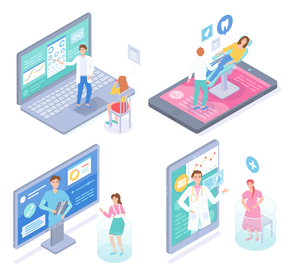 Set of isometric illustrations. Concept of online medical treatment. Consulting with doctors in internet, website, mobile app. Oculist, dentist, physician, surgeon consult patients with health problems. Set of isometric smartphone, computer, display, laptop, tablet with online consultation with doctors