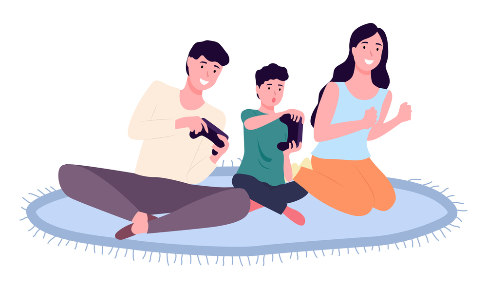 Family playing video games. Mom dad and son gaming with gamepad controller, holding joystick in hands flat design. People siting on the floor in front of the monitor and playing a computer game. Family playing video game. Mom dad and son gaming with gamepad controller, holding joystick in hands