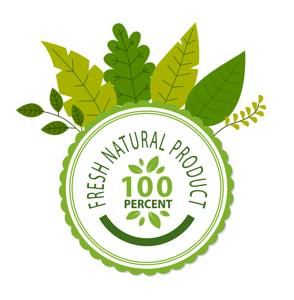 Fresh natural product. 100 percent. 100 organic logo, sticker, label. Green leaves and decorated circle with text inside. Eco friendly product. Design in green flat style, Emblem for packaging. Fresh natural product 100 percent, organic product, eco friendly, emblem or logo for packaging