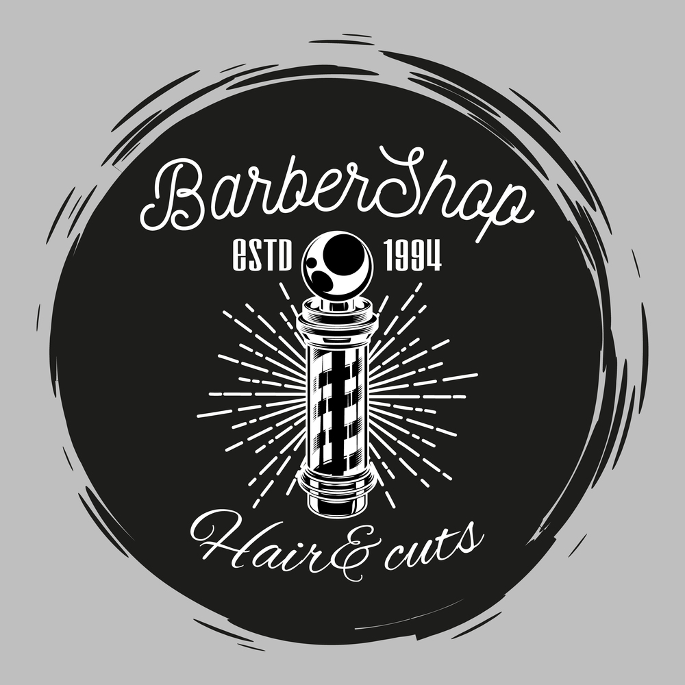 Barbershop stamp concept. Hair cuts. Barbers pole in center of circle, decoration elements, lines. Black and white logo, poster, template, print for clothes, banner. Old vintage barbershop sticker. Barbershop stamp concept, hair cuts, barber s pole in center of circle, decoration elements, lines