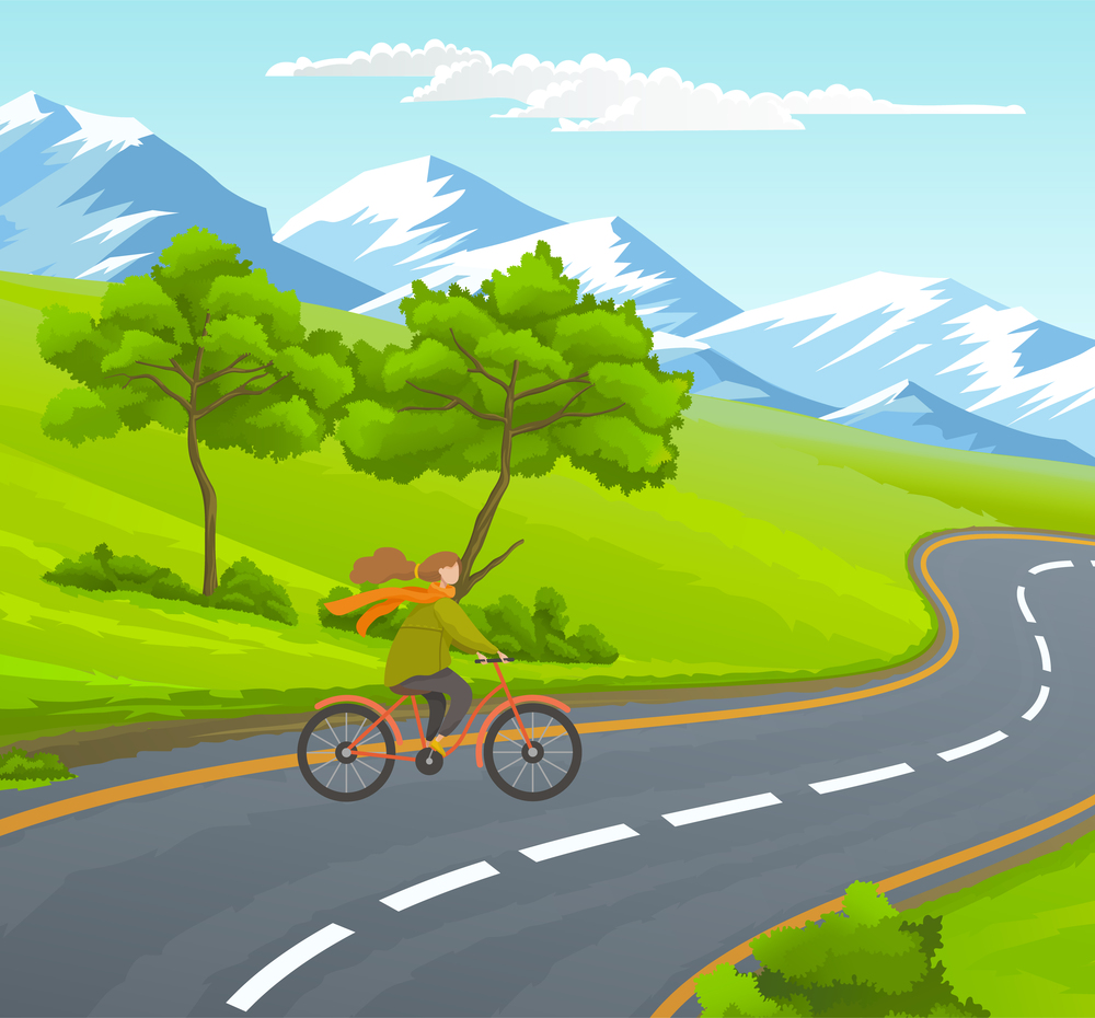 Woman riding bicycle on asphalt road near green trees, hills at snowy mountains, sky with clouds background. Young girl traveling at bike. Summer nature. Female enjoy of trip, journey. Vector image. Woman riding bicycle on asphalt road near green trees, hills at snowy mountains background