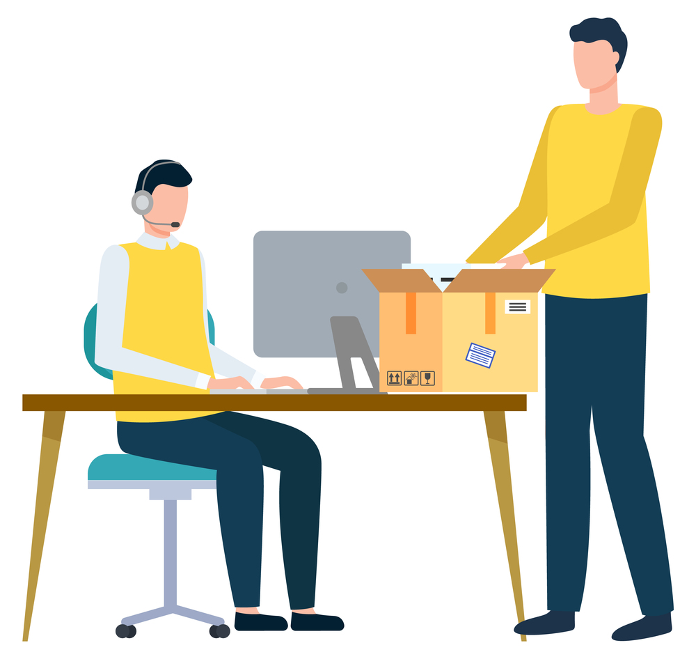 Worldwide delivery service, international business vector. Operator with headset at laptop, deliveryman with cardboard box, logistics and distribution. International Business, Worldwide Delivery Service