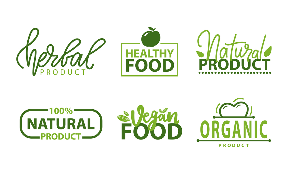 Natural food vector, ecological hers and vegetarian meal foliage and leaves of plants, greenery logos with inscriptions and decorative elements set. Natural Food Production, Organic Meal Set Vector