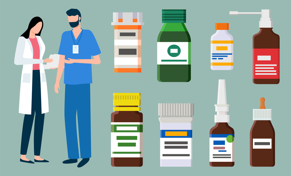 Medical workers talking about patient vector, set of bottles with labels. Containers with drugs and remedy, drops and spray, inhaler and prescription. Doctors Meeting Giving Prescription Drugs Vector