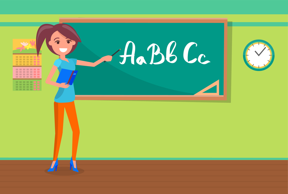 Young female teacher writing alphabet letters on blackboard with chalk. Classroom interior.Back to school concept. Flat cartoon vector illustration. Teacher Writing Alphabet on Chalkboard Vector