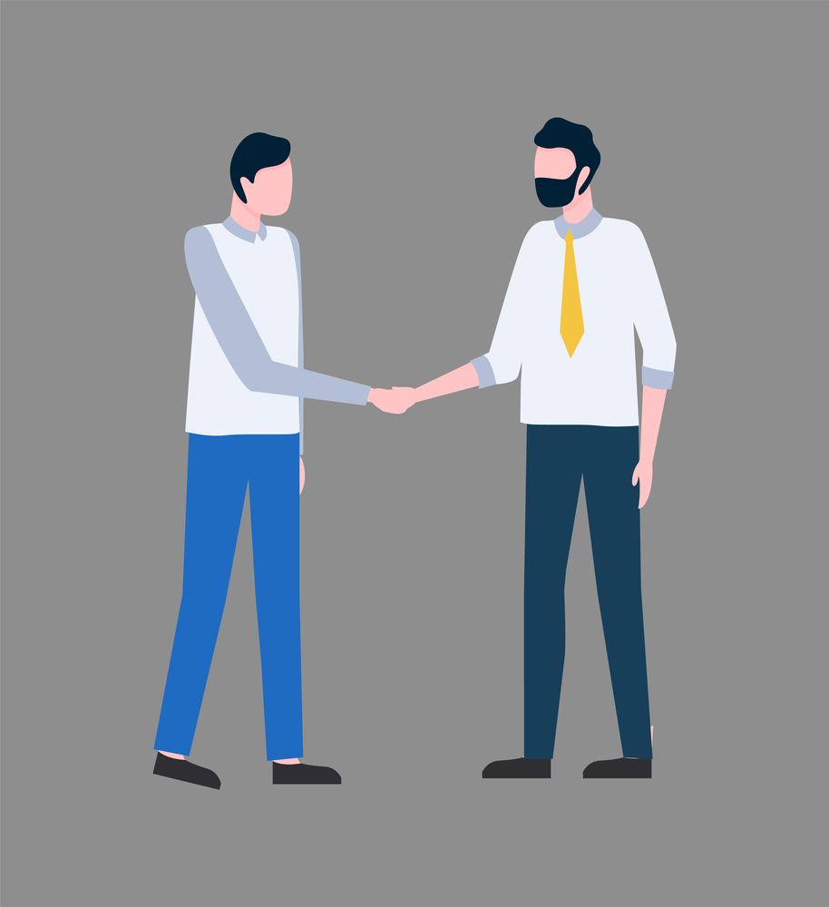 Colleagues making deal vector, businessman handshaking. People agreeing on point, isolated man wearing tie and formal suit, positive atmosphere conference. Colleagues Making Deal, Businessman Handshaking