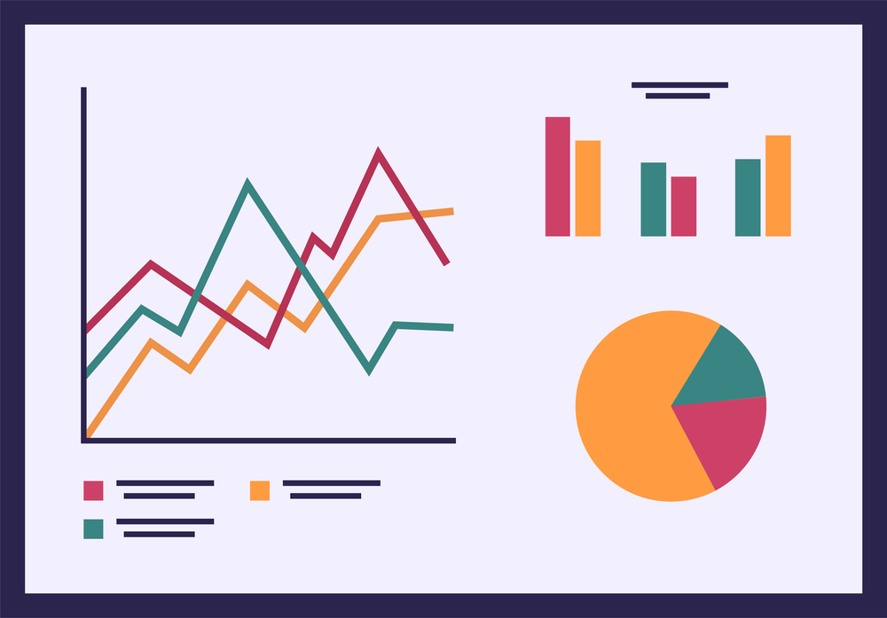 Business diagram graph chart flat illustration. Presentation board with digital indicators in different forms. Statistics change graphs and pie chart. Analytical data of accounting for growth and fall. Business diagram graph chart. Presentation board with digital indicators in different forms