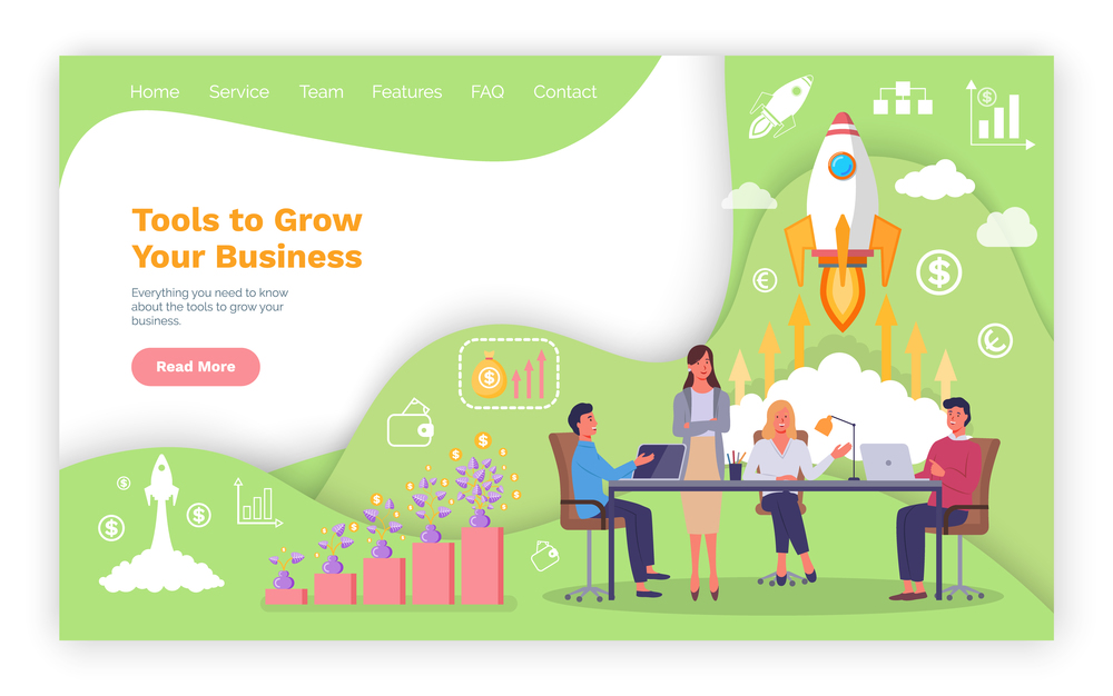 Tools to grow your business landing page template. Management team develops solutions for business growth, teamwork in company. Vector growth and startup concept in flat style, ifographic signs. Tools to grow business landing page template. Management team develops solutions for business growth